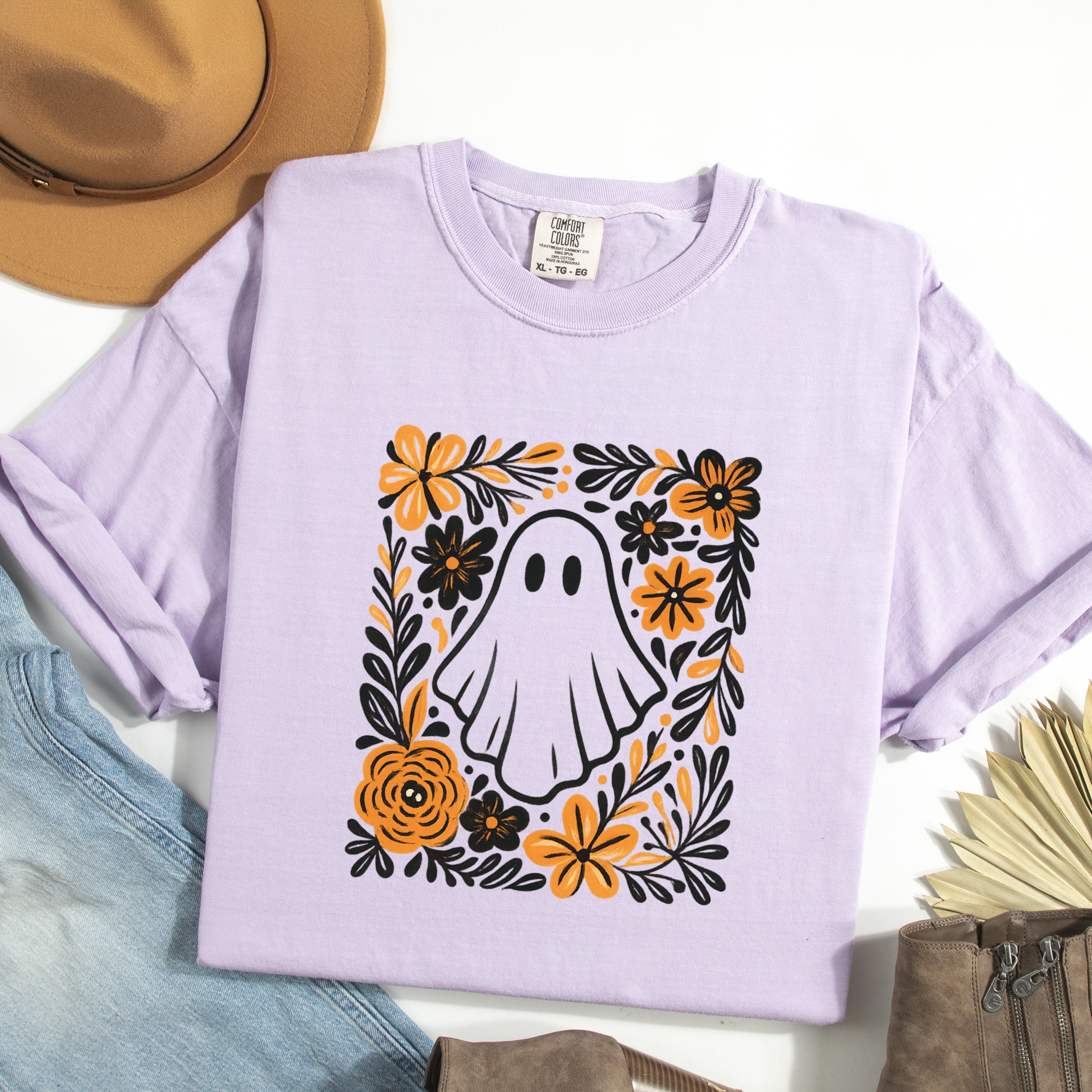 Ghost Floral Orange - Womens Garment Dyed Tee