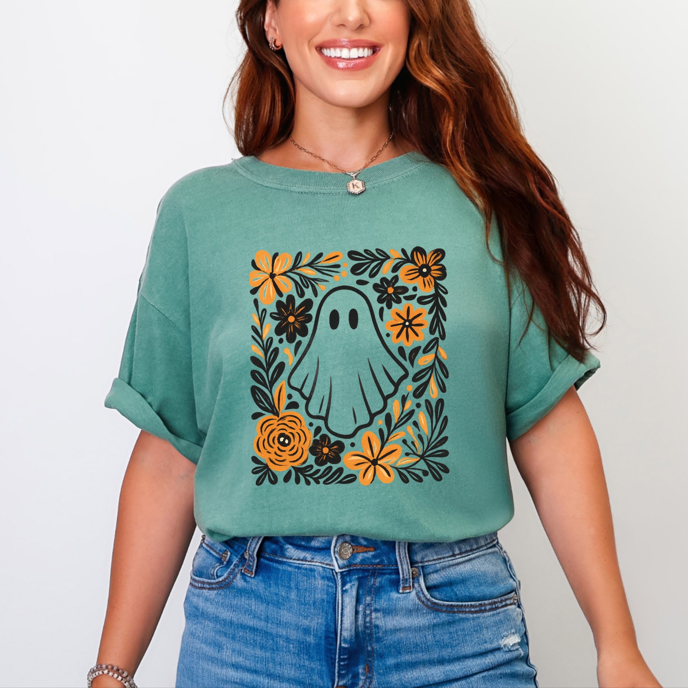 Ghost Floral Orange - Womens Garment Dyed Tee