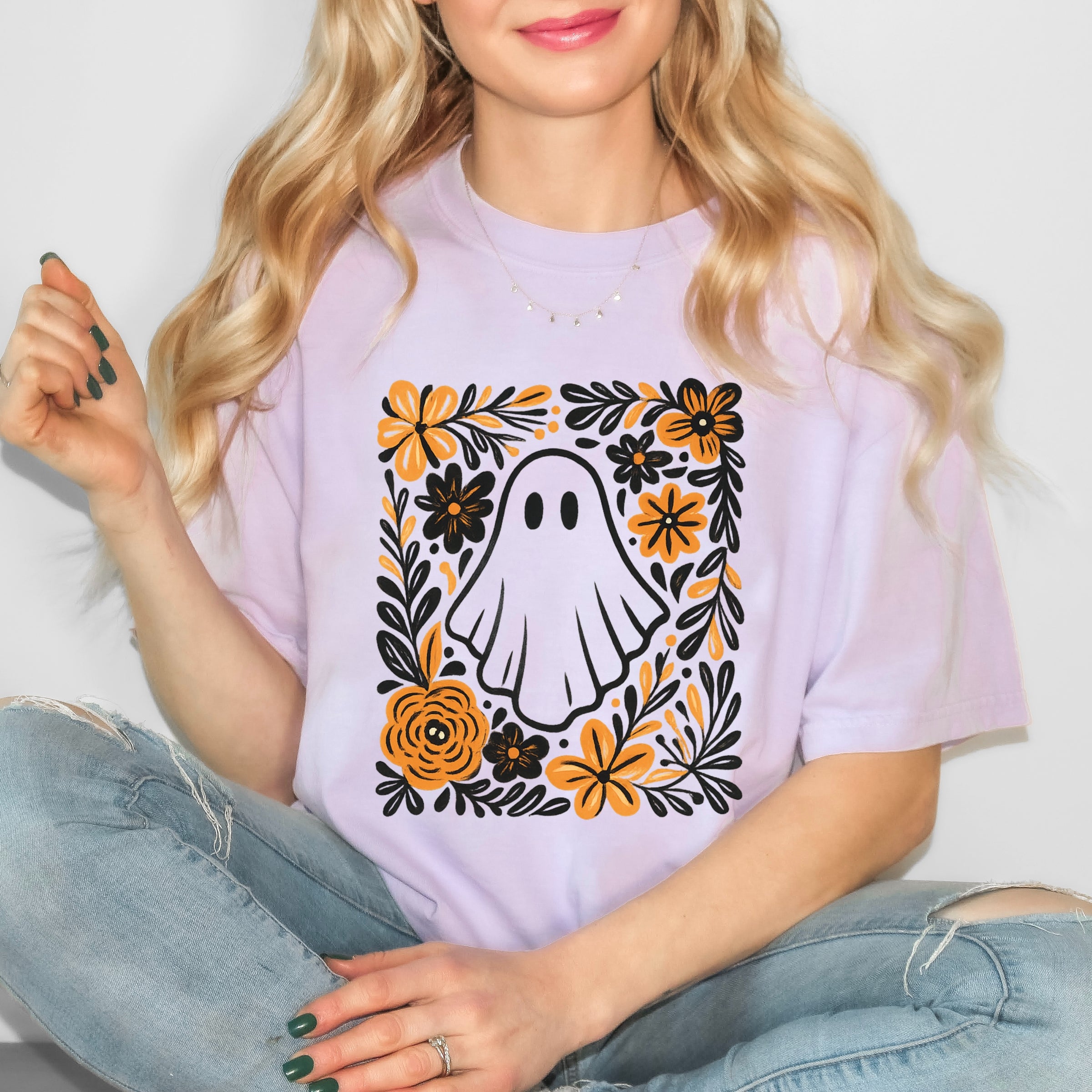 Ghost Floral Orange - Womens Garment Dyed Tee