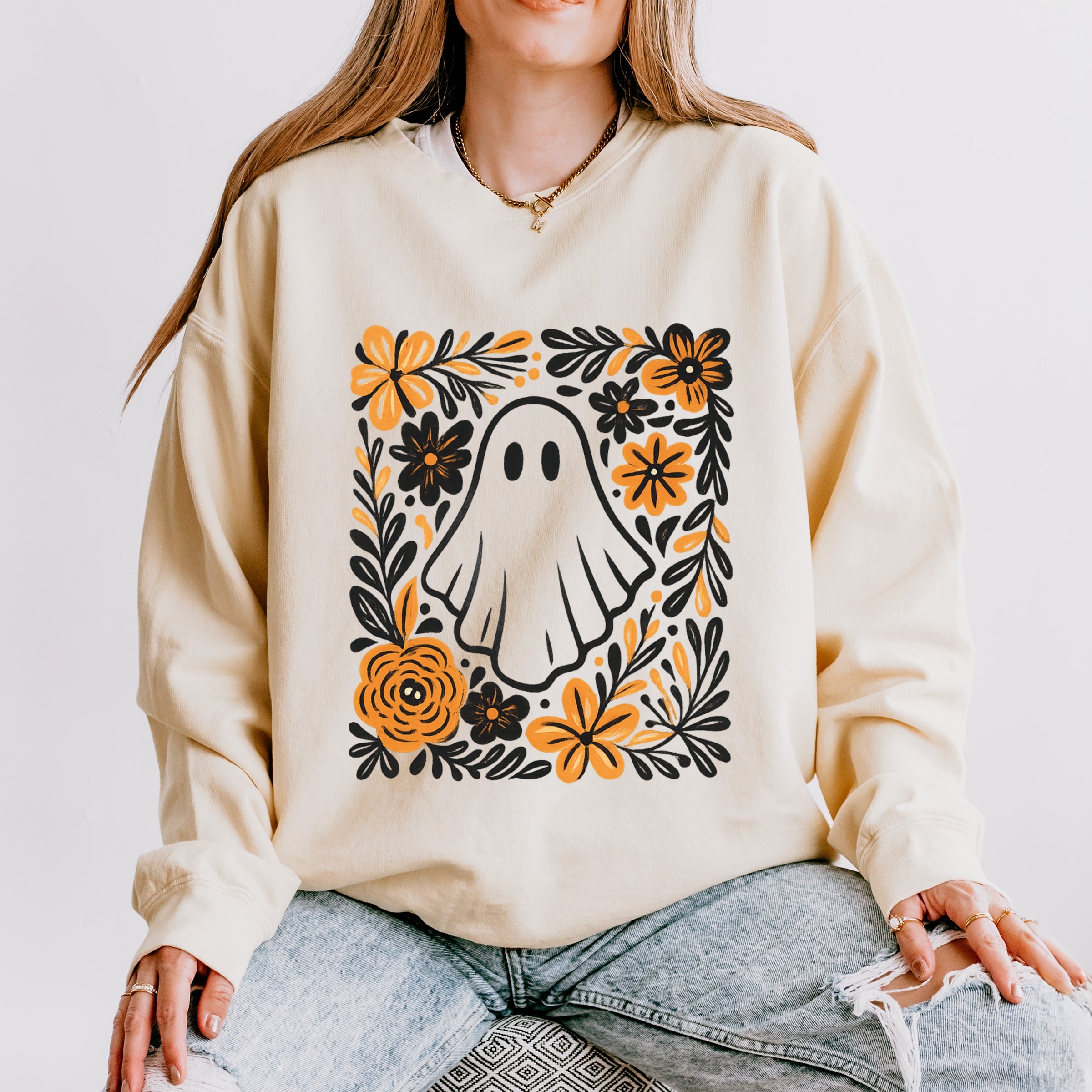 Ghost Floral Orange - Women's Lightweight Garment Dyed Sweatshirt