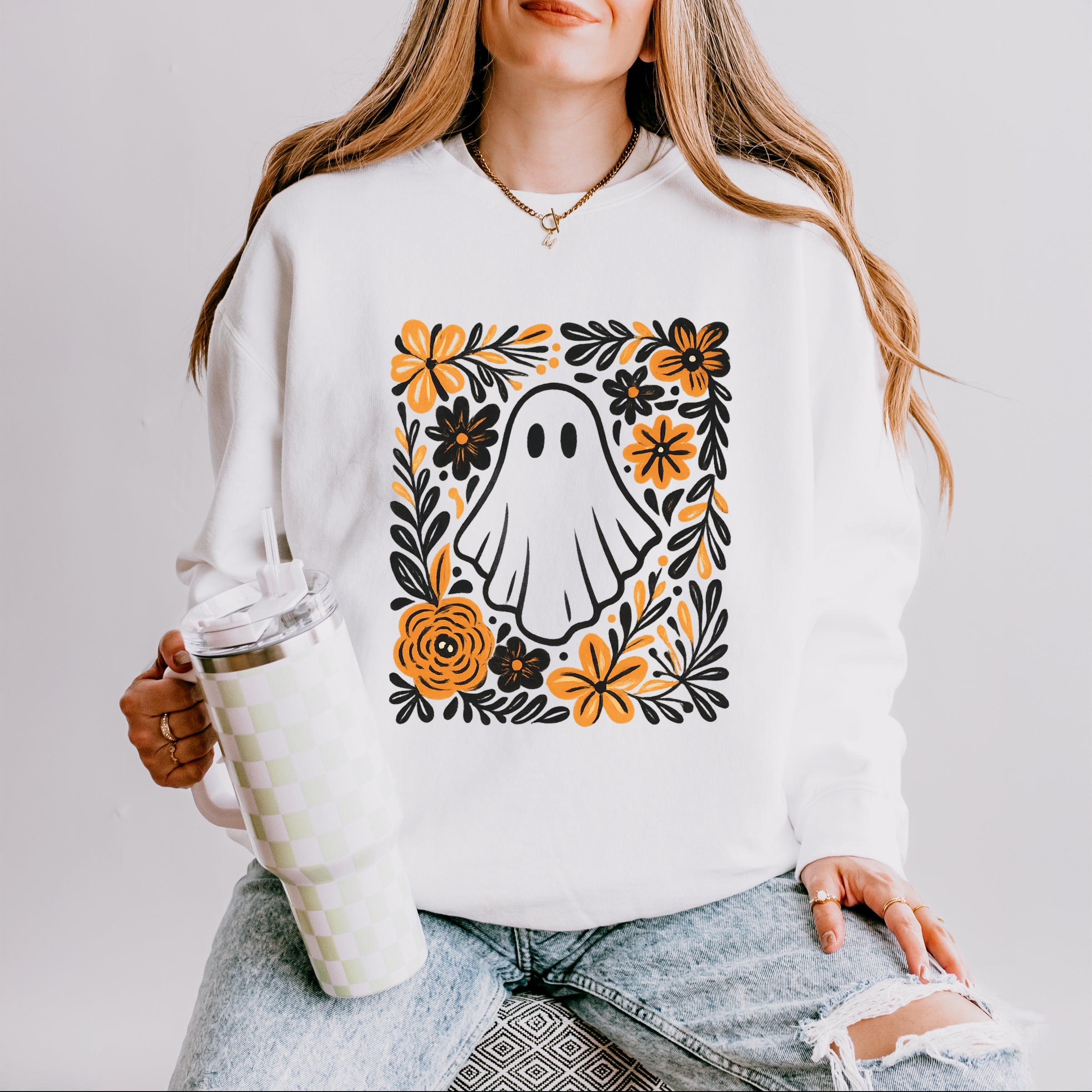 Ghost Floral Orange - Womens Lightweight Garment Dyed Sweatshirt
