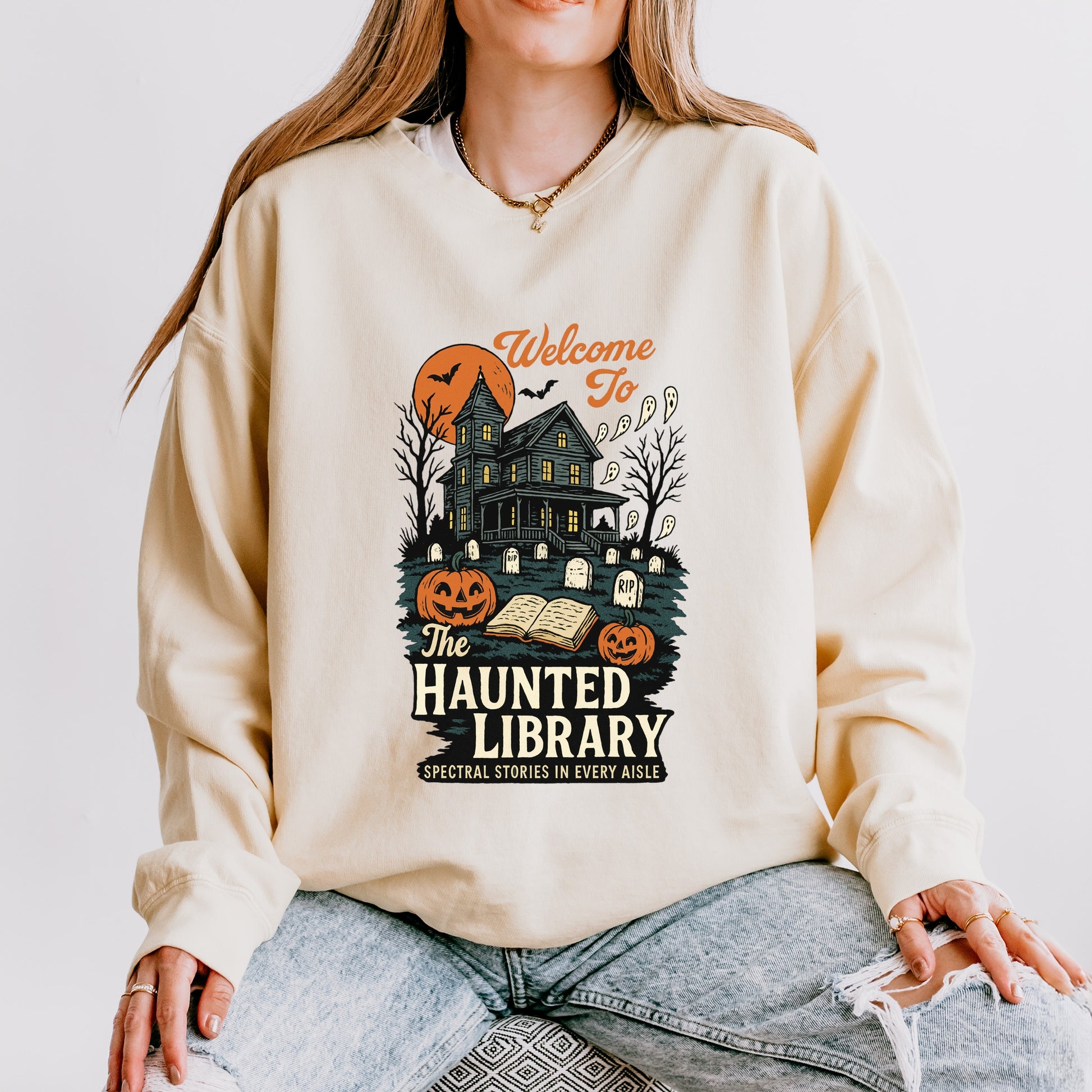 The Haunted Library - Womens Lightweight Garment Dyed Sweatshirt