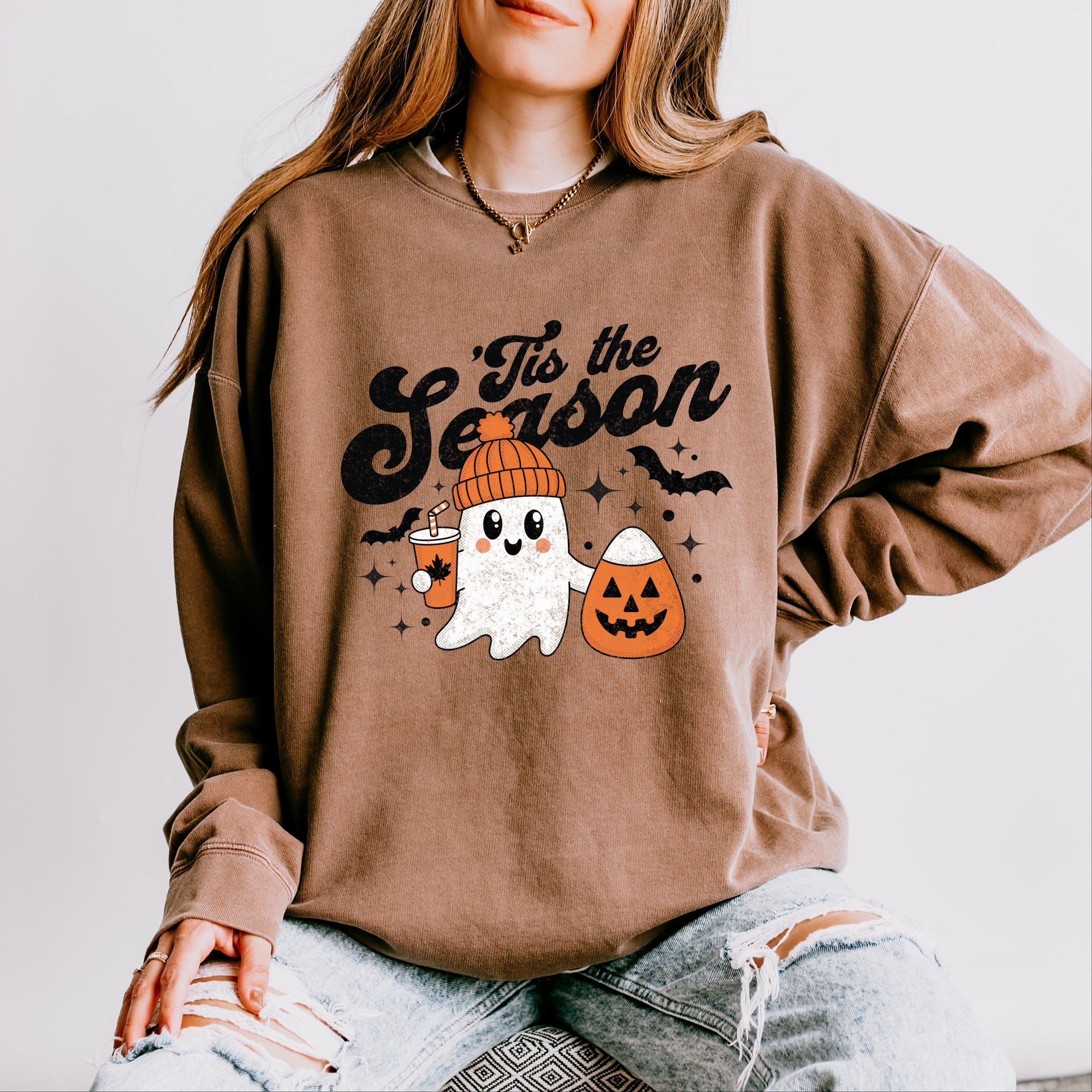 Tis The Season Ghost Retro - Womens Lightweight Garment Dyed Sweatshirt