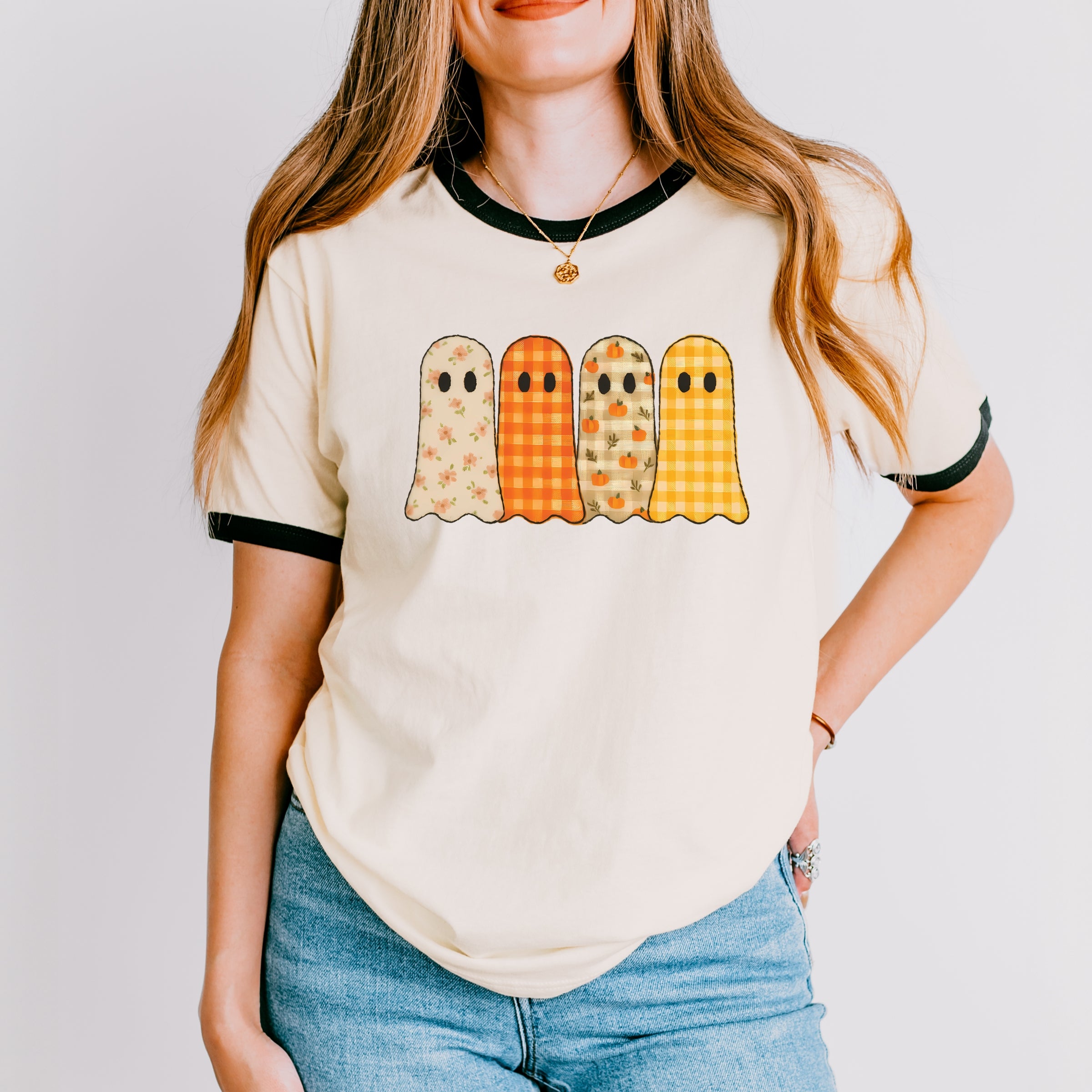 Four Ghosts Checkered Quilted Printed - Womens Ringer Tee