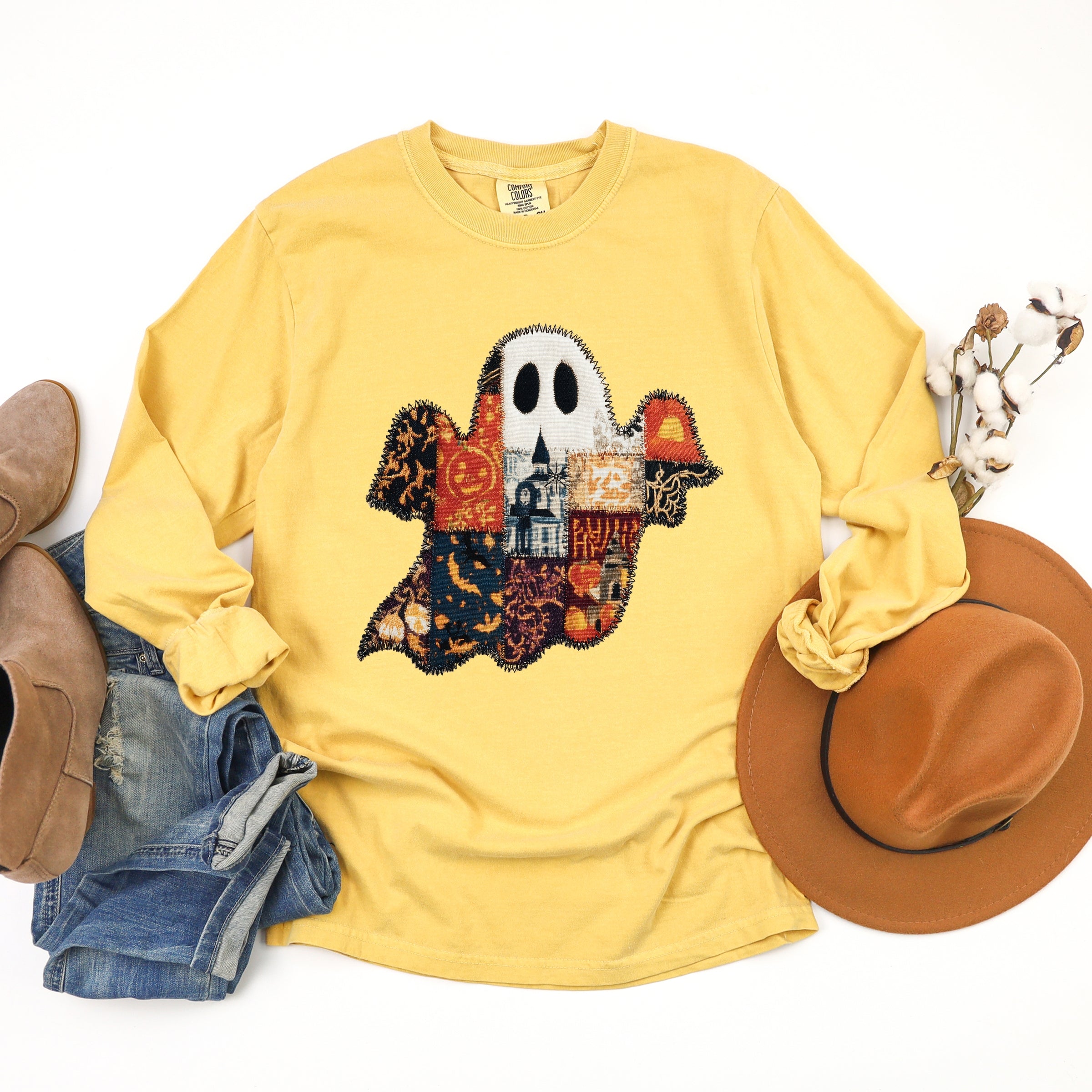 Patchwork Ghost Printed - Womens Garment Dyed Long Sleeve