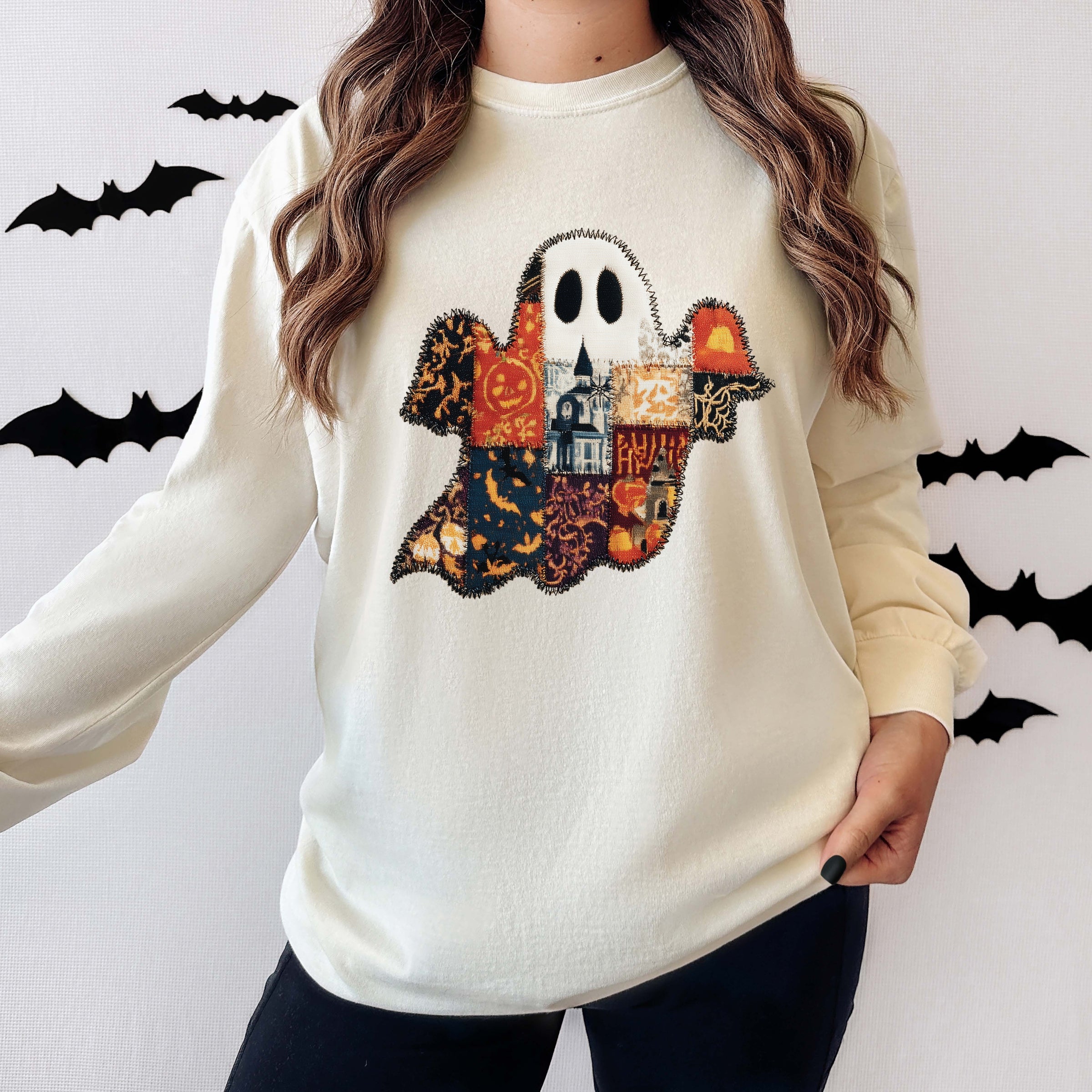Patchwork Ghost Printed - Womens Garment Dyed Long Sleeve
