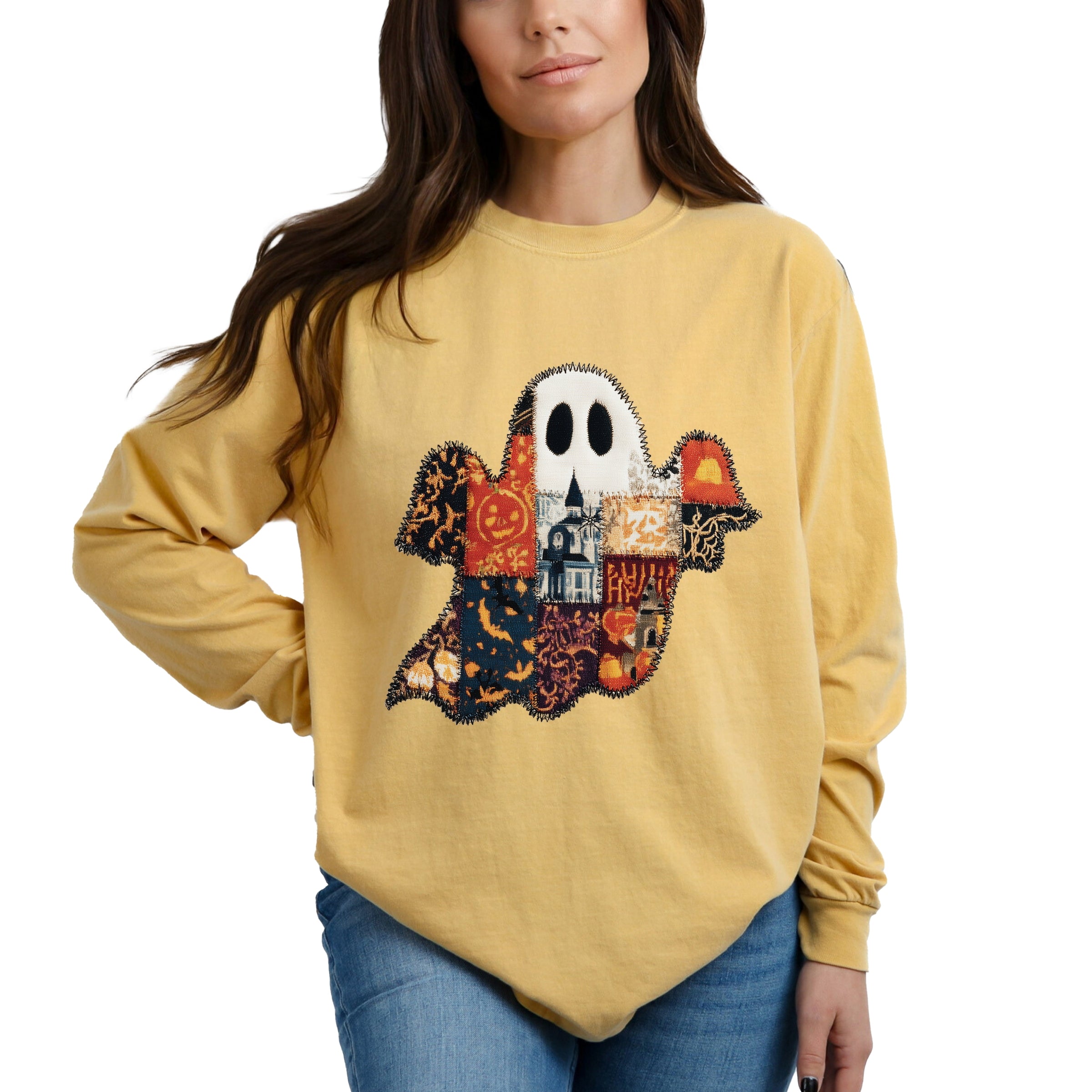 Patchwork Ghost Printed - Womens Garment Dyed Long Sleeve