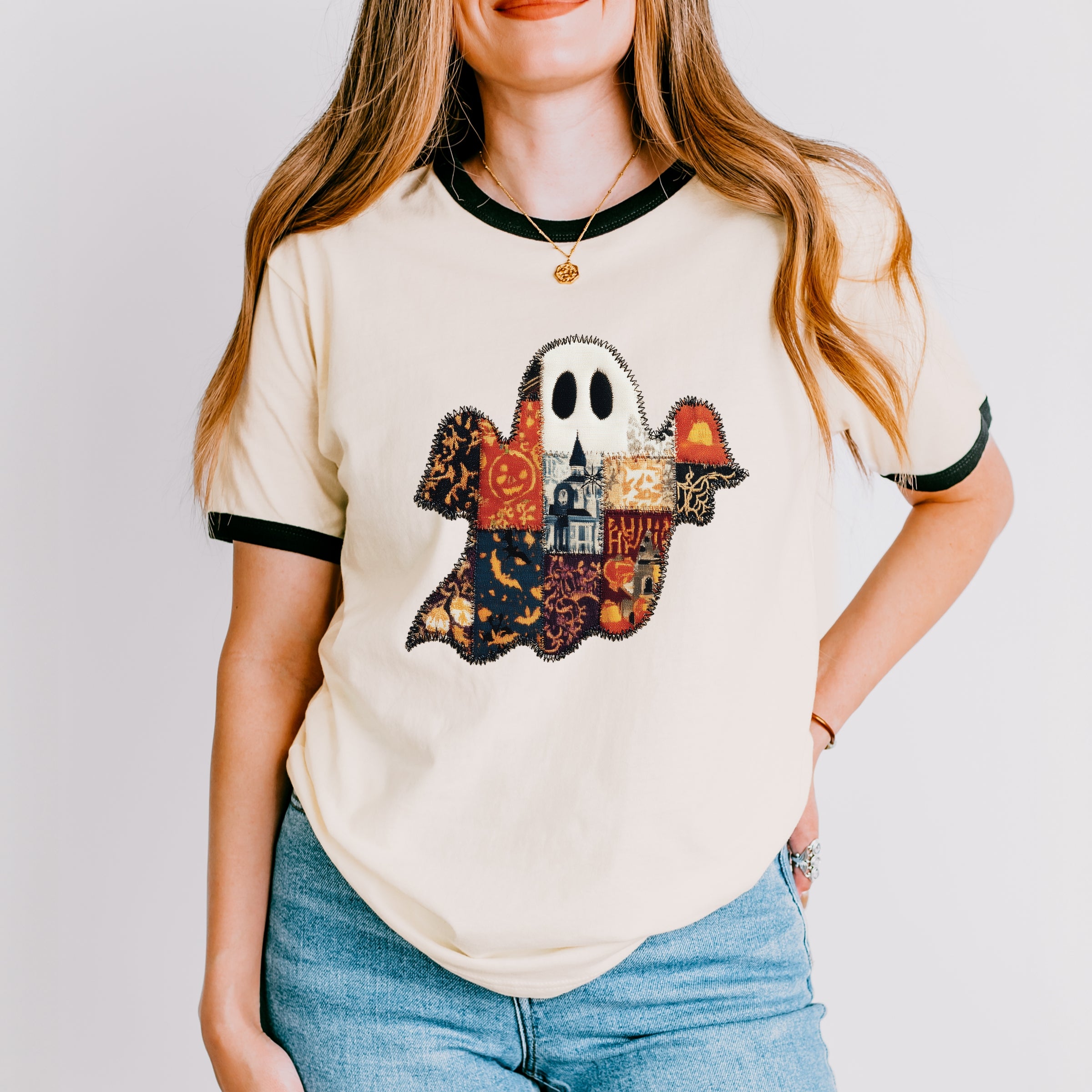Patchwork Ghost Printed - Womens Ringer Tee