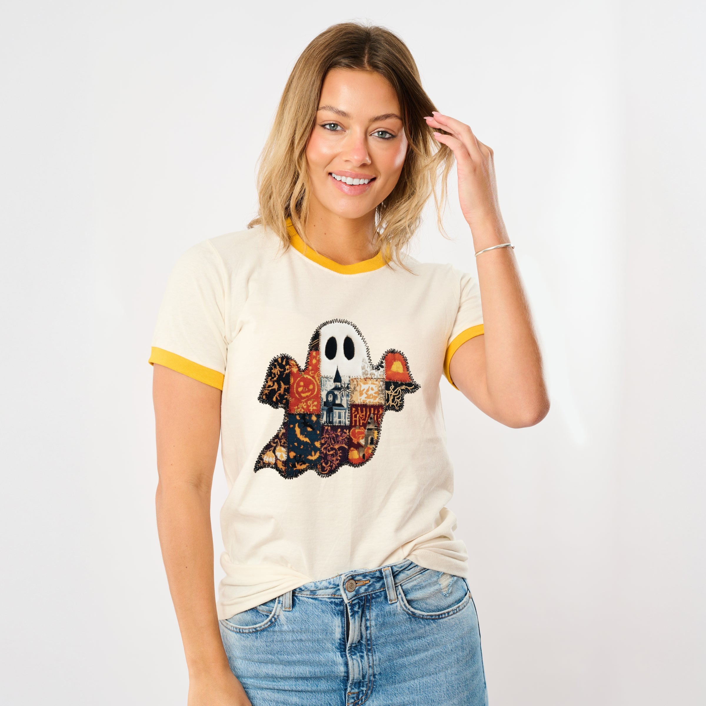 Patchwork Ghost Printed - Womens Ringer Tee