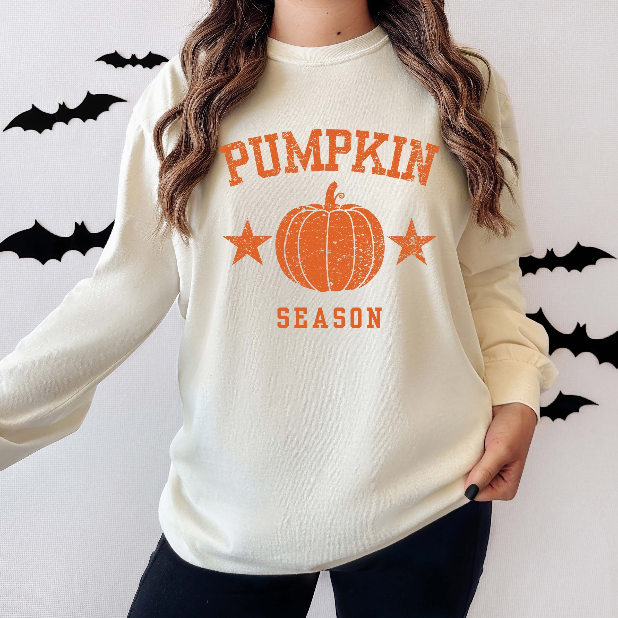 Pumpkin Season Star Distressed - Womens Garment Dyed Long Sleeve