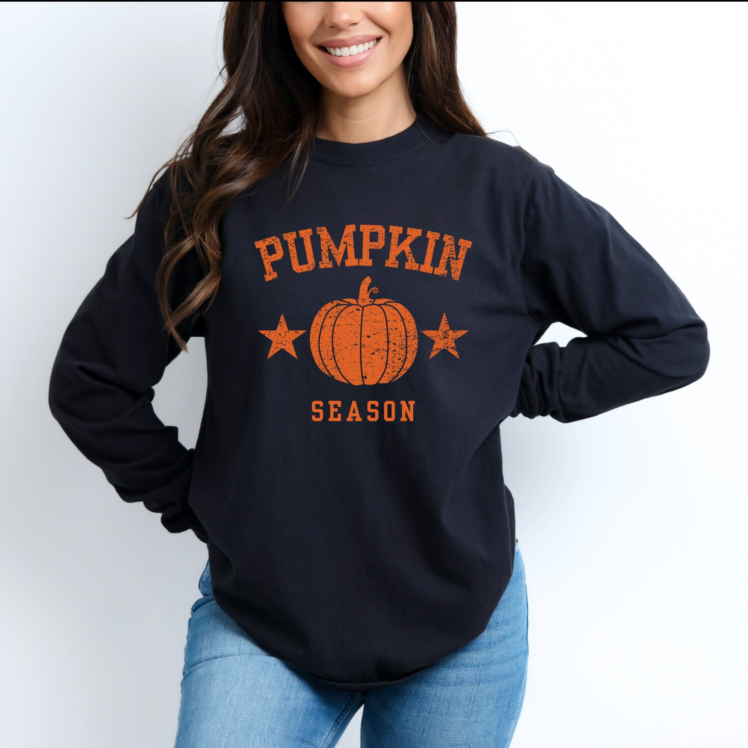 Pumpkin Season Star Distressed - Womens Garment Dyed Long Sleeve