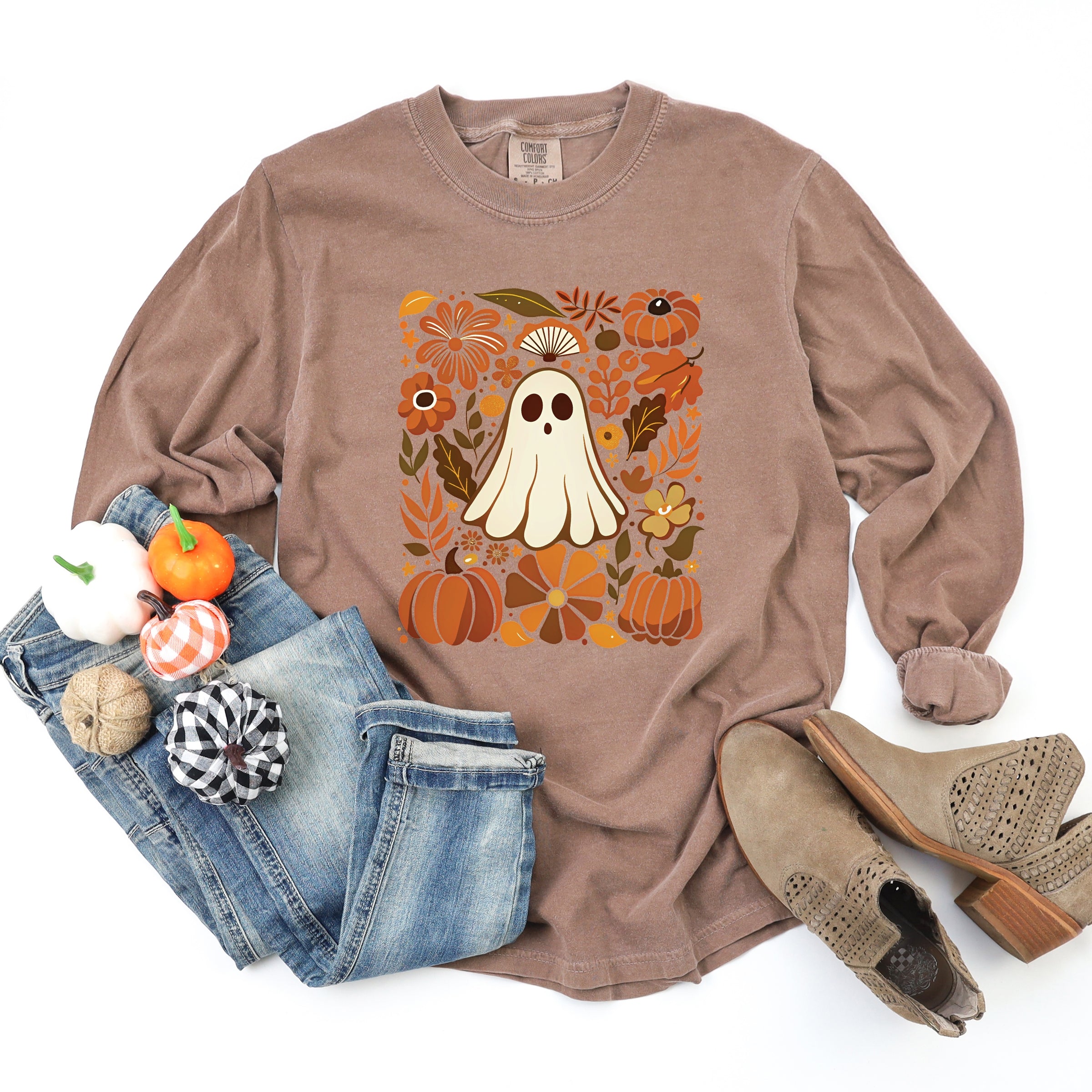 Ghost Floral Collage - Womens Garment Dyed Long Sleeve