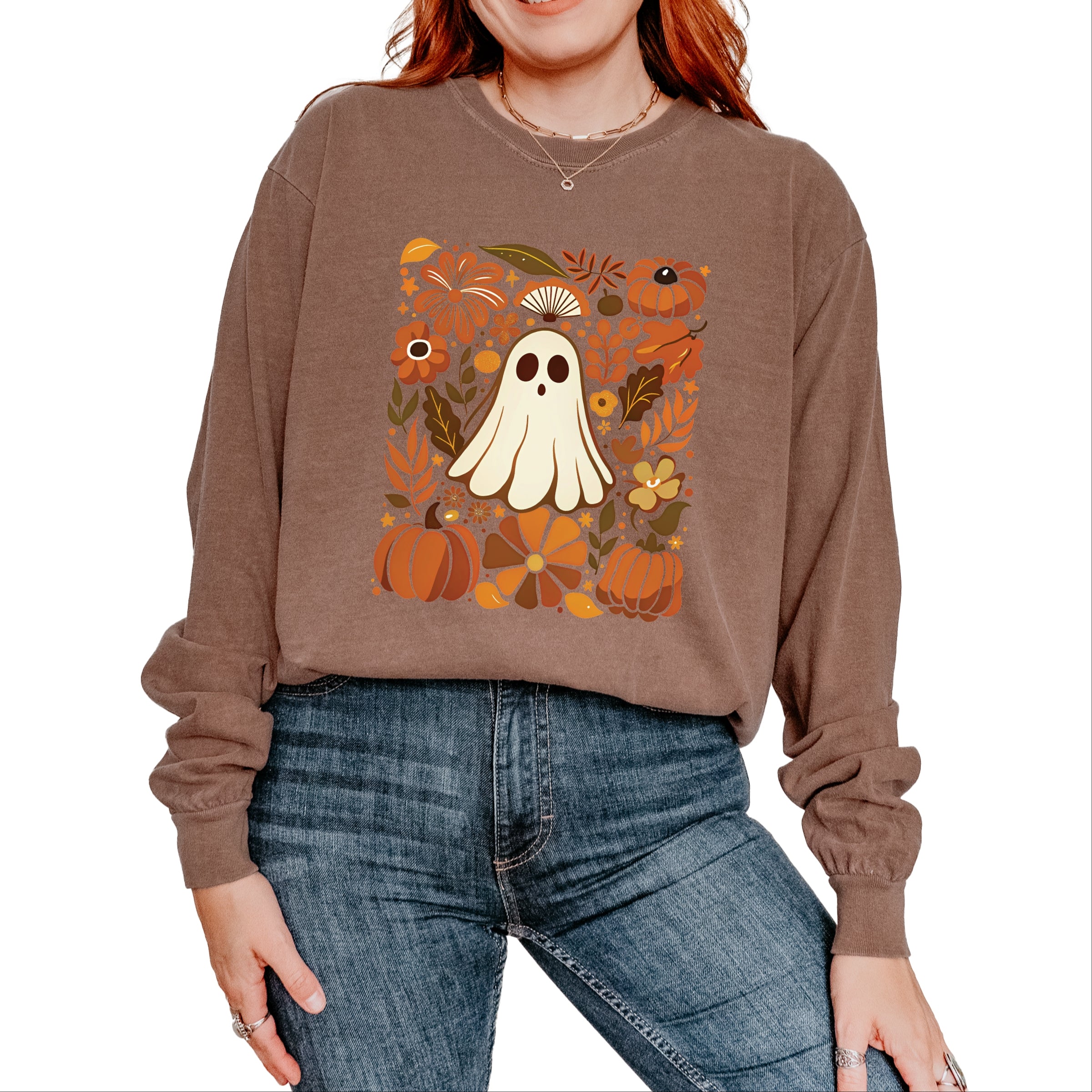 Ghost Floral Collage - Womens Garment Dyed Long Sleeve