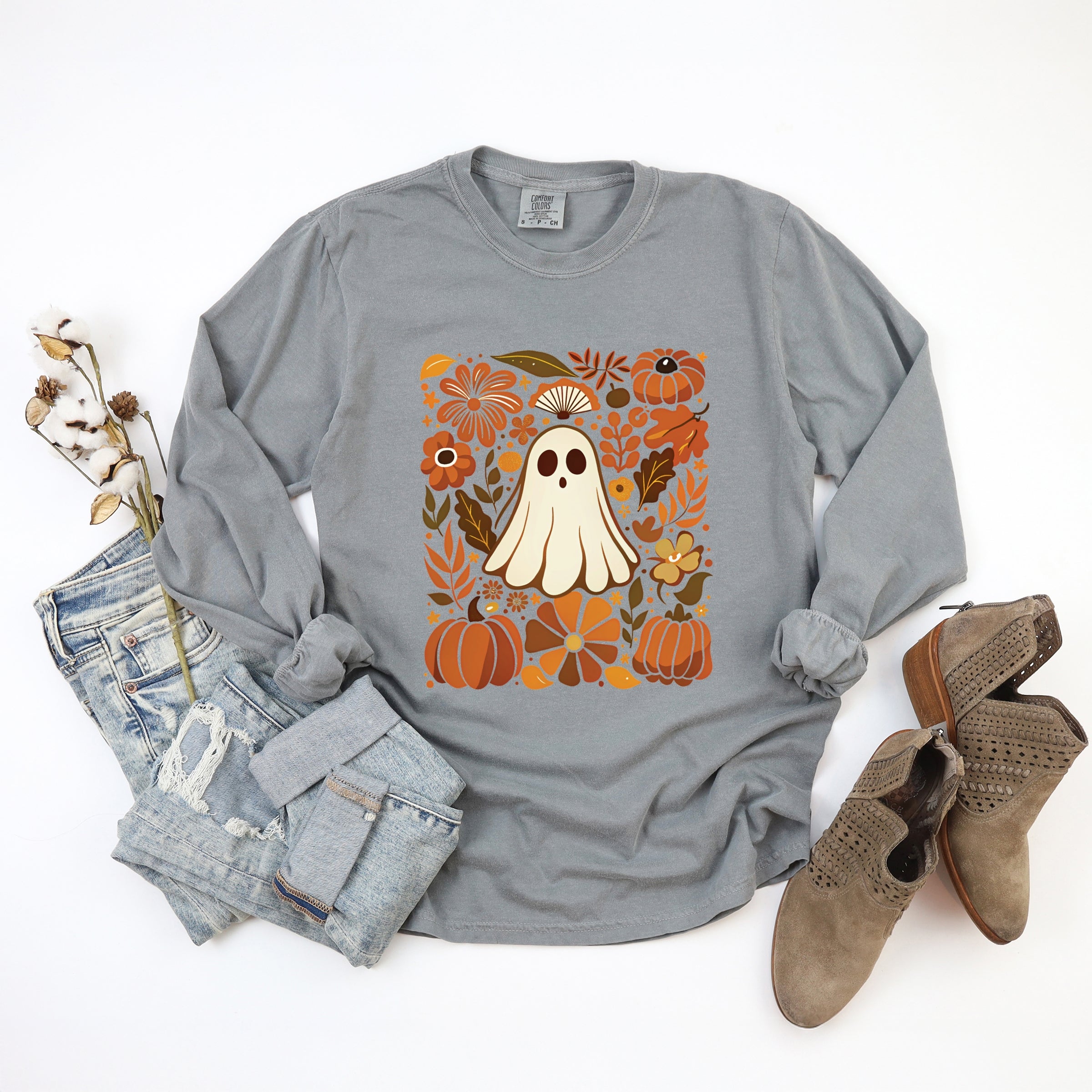 Ghost Floral Collage - Womens Garment Dyed Long Sleeve
