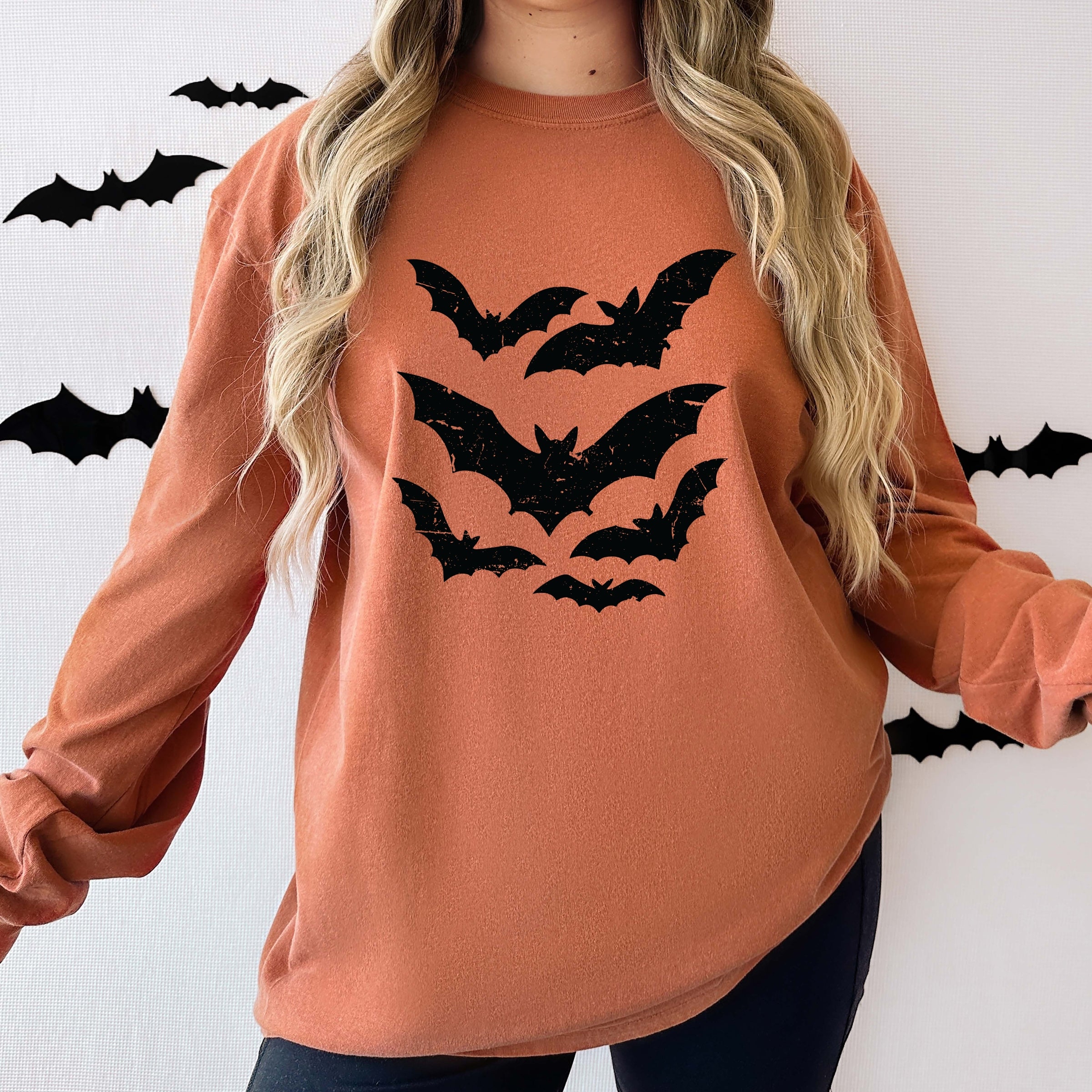 Halloween Bats Distressed - Womens Garment Dyed Long Sleeve