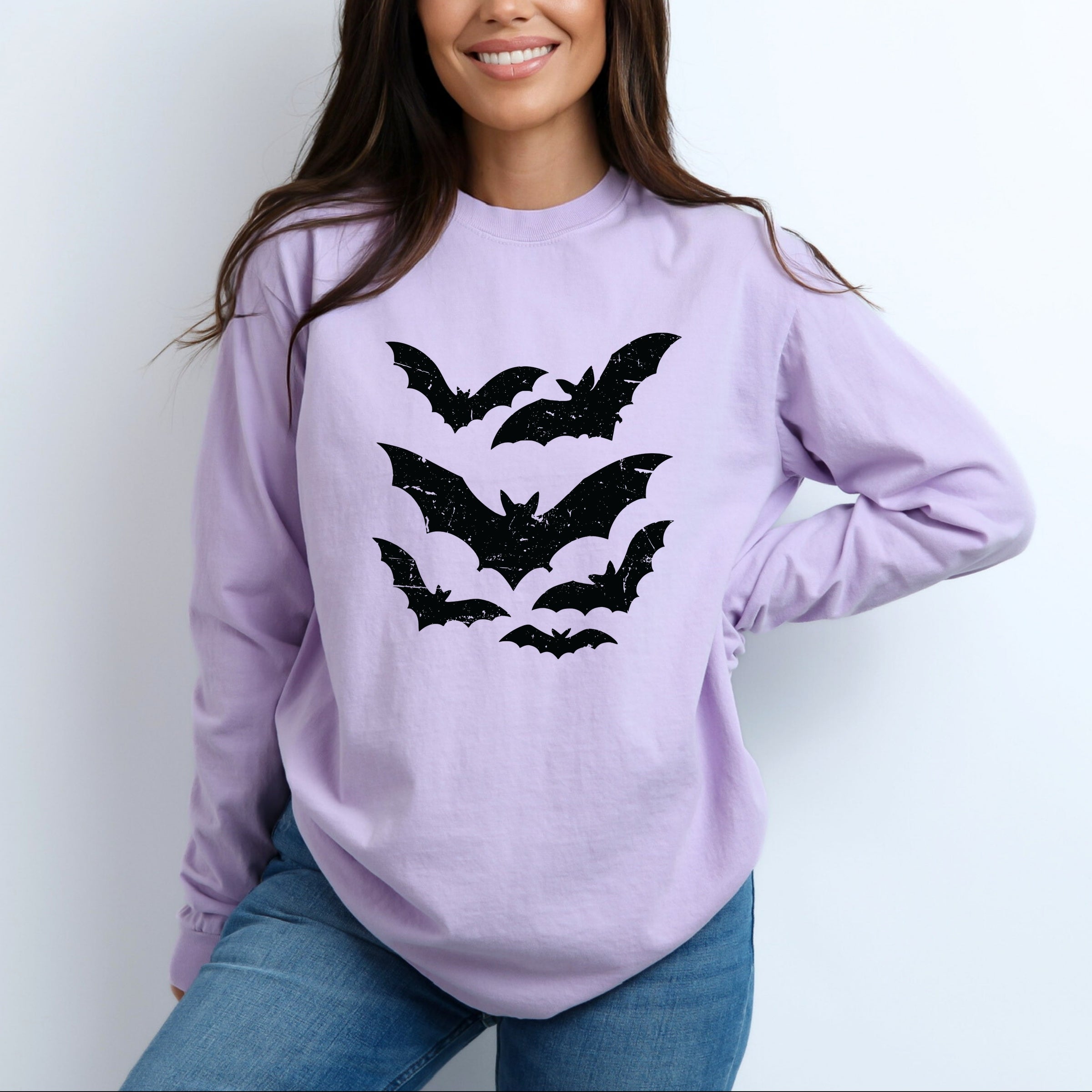 Halloween Bats Distressed - Womens Garment Dyed Long Sleeve