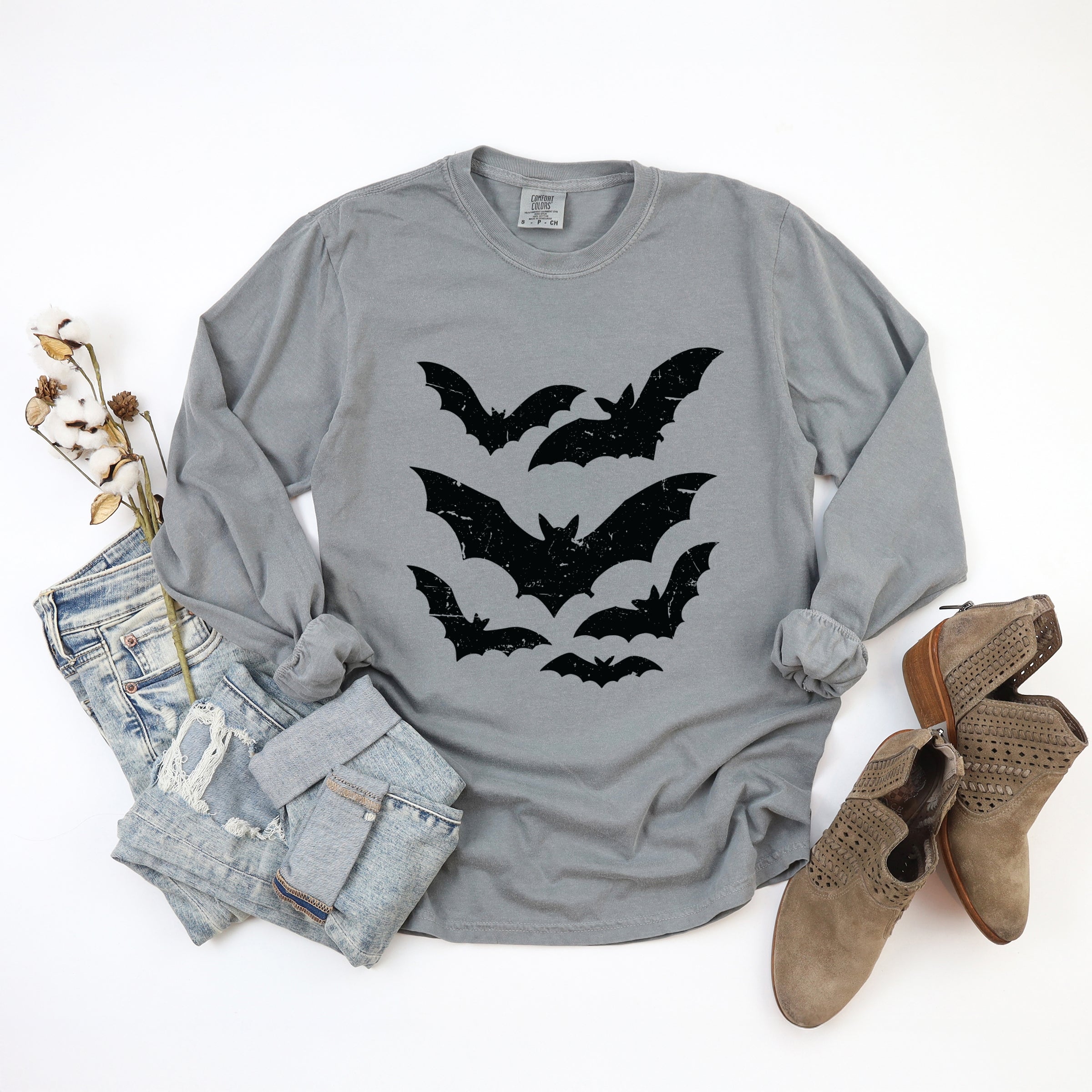 Halloween Bats Distressed - Womens Garment Dyed Long Sleeve