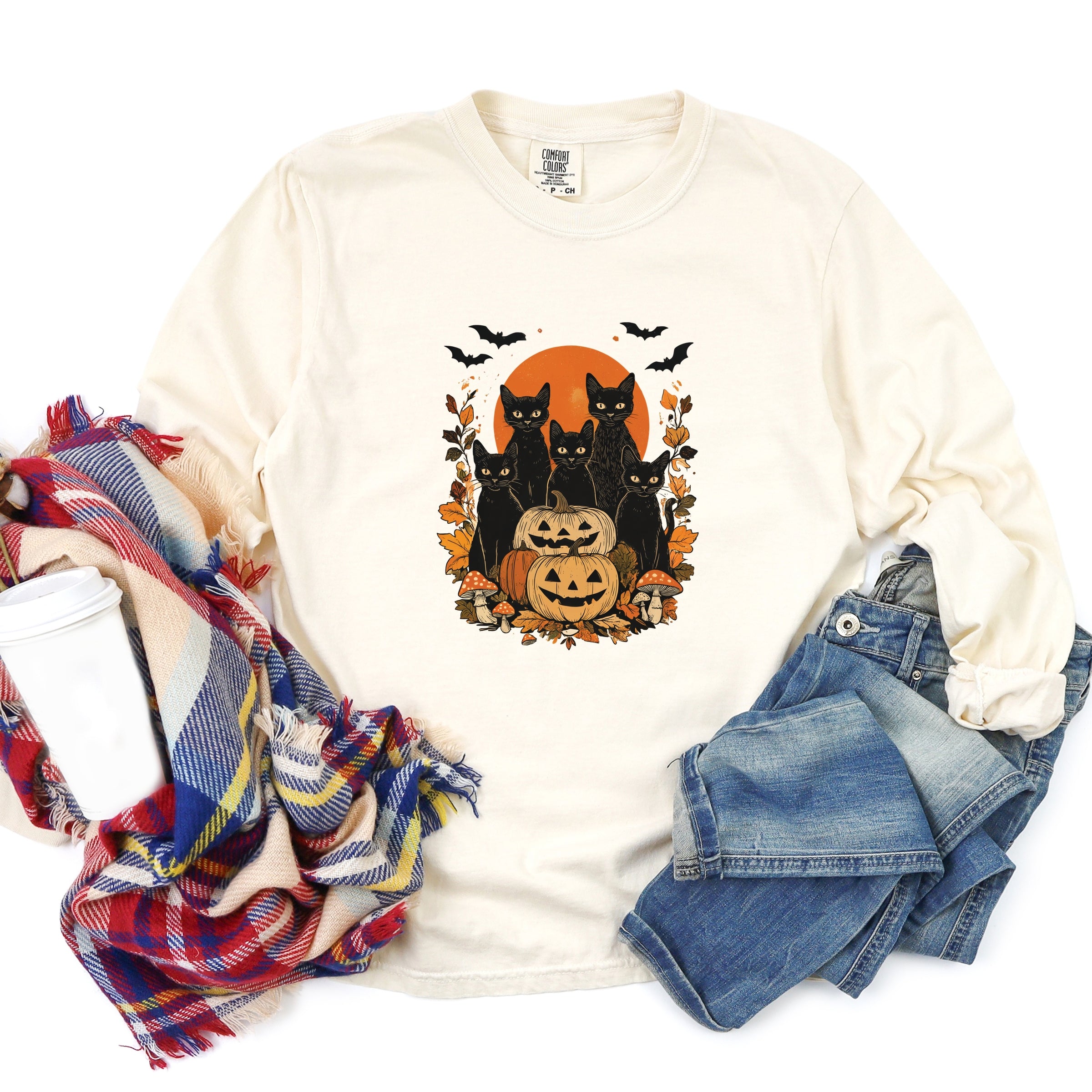 Black Cats Pumpkin Vintage - Womens Garment Dyed Long Sleeve