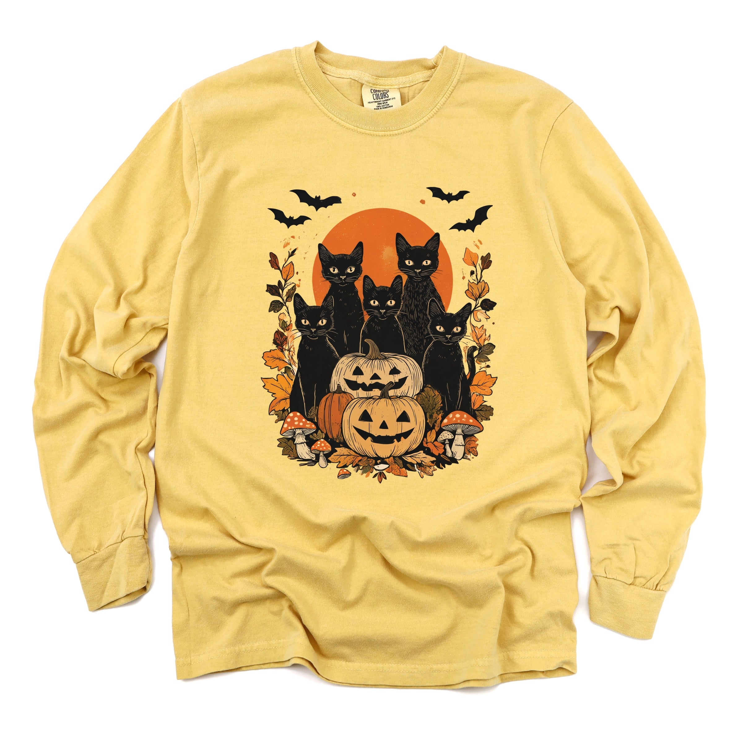 Black Cats Pumpkin Vintage - Womens Garment Dyed Long Sleeve