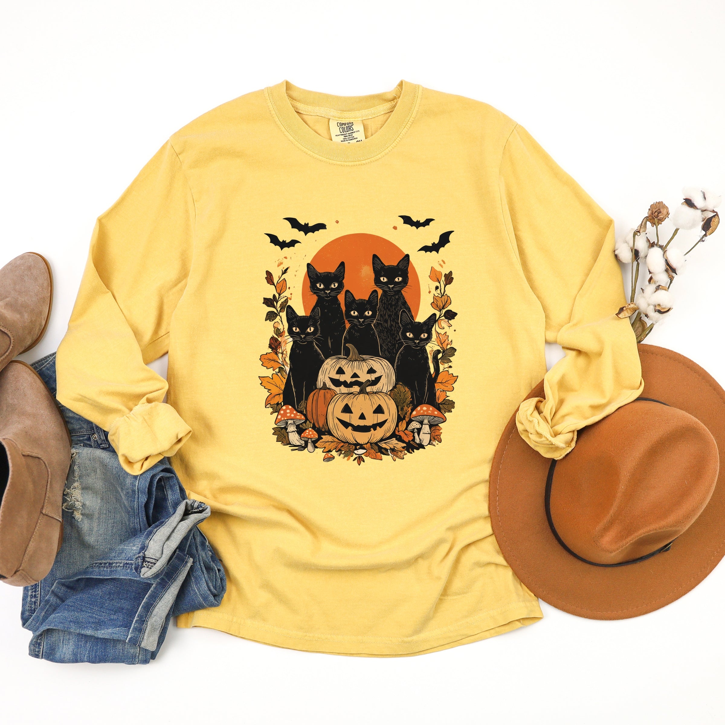 Black Cats Pumpkin Vintage - Womens Garment Dyed Long Sleeve