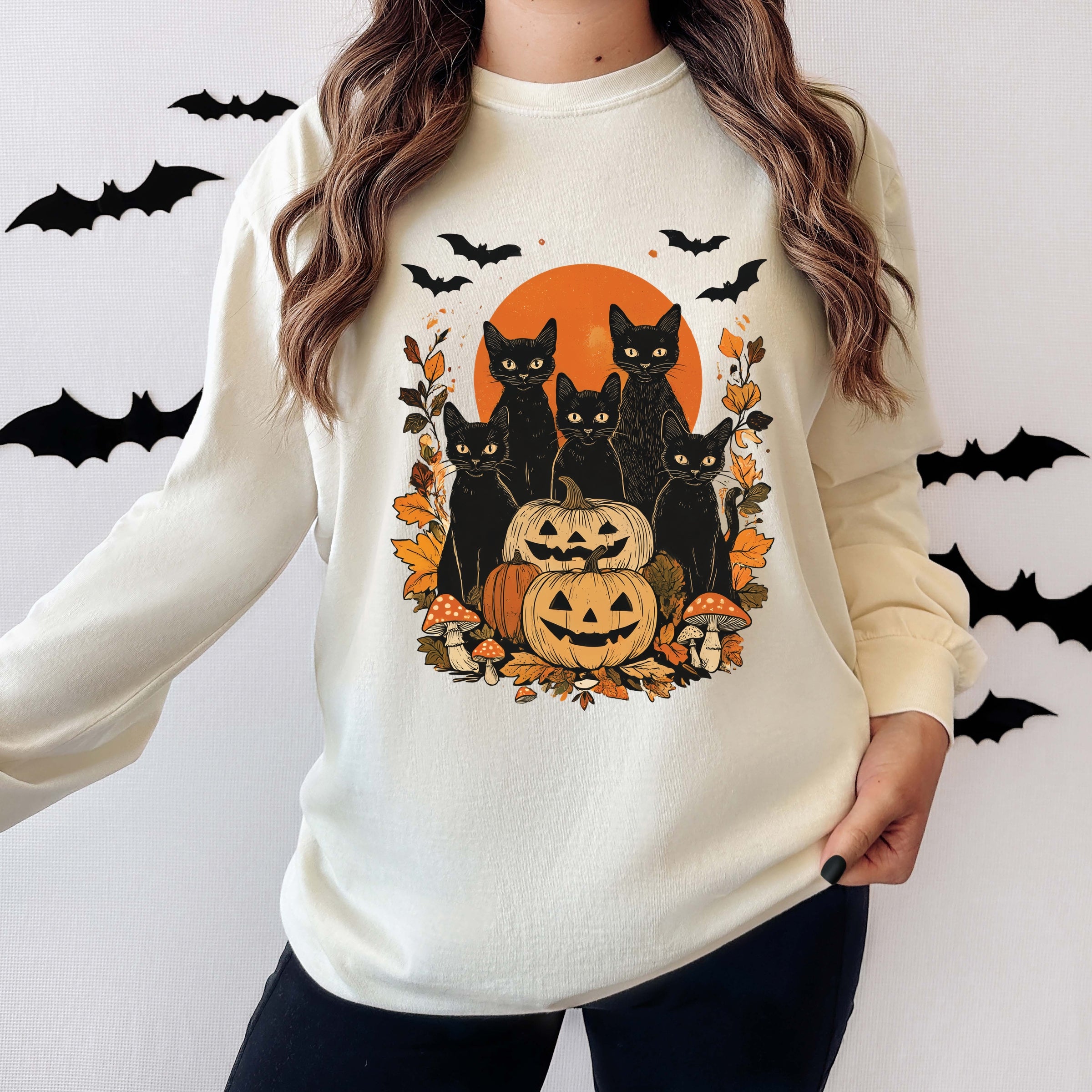 Black Cats Pumpkin Vintage - Womens Garment Dyed Long Sleeve
