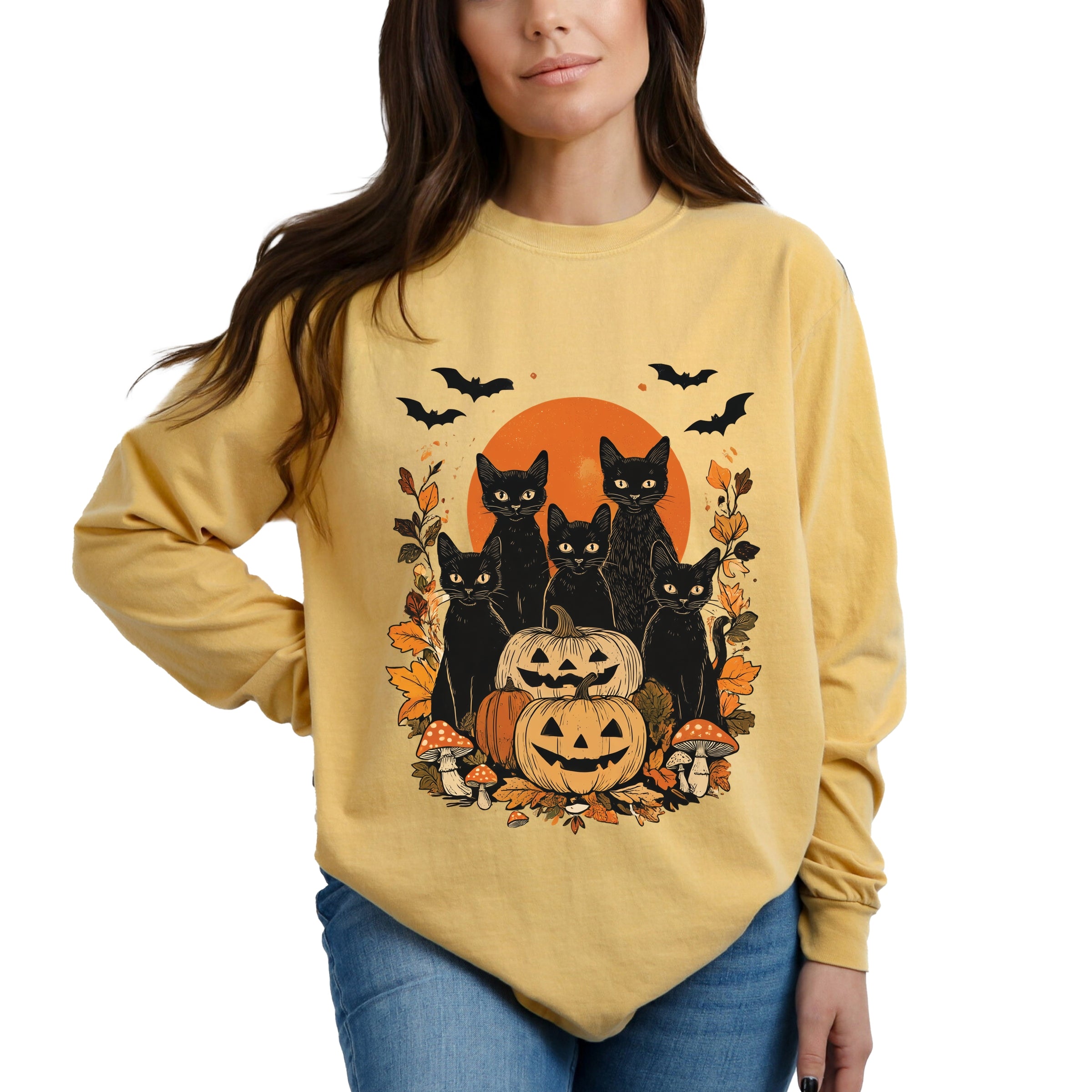 Black Cats Pumpkin Vintage - Womens Garment Dyed Long Sleeve
