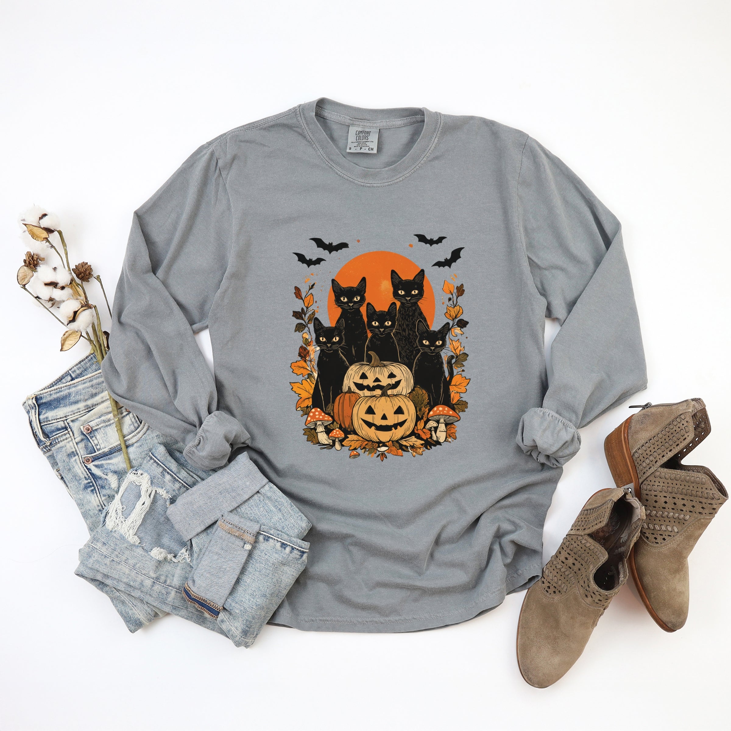 Black Cats Pumpkin Vintage - Womens Garment Dyed Long Sleeve
