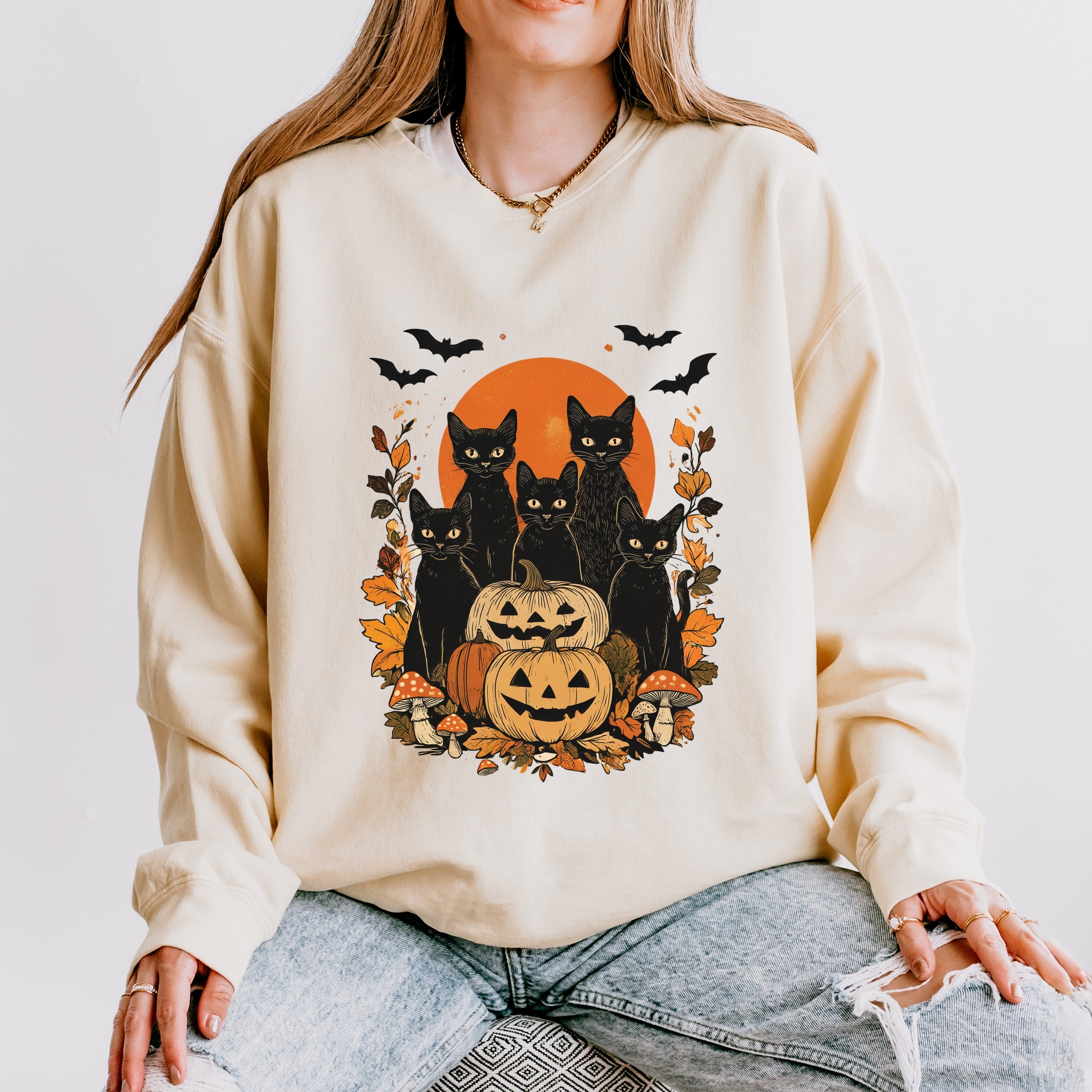 Black Cats Pumpkin Vintage - Womens Lightweight Garment Dyed Sweatshirt