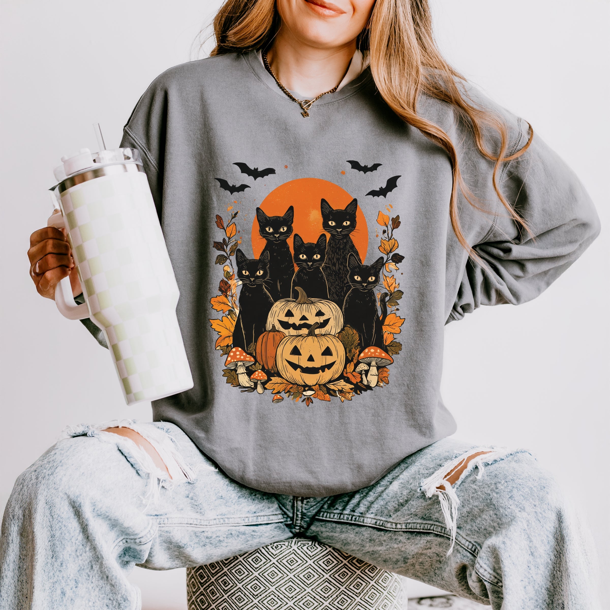 Black Cats Pumpkin Vintage - Womens Lightweight Garment Dyed Sweatshirt