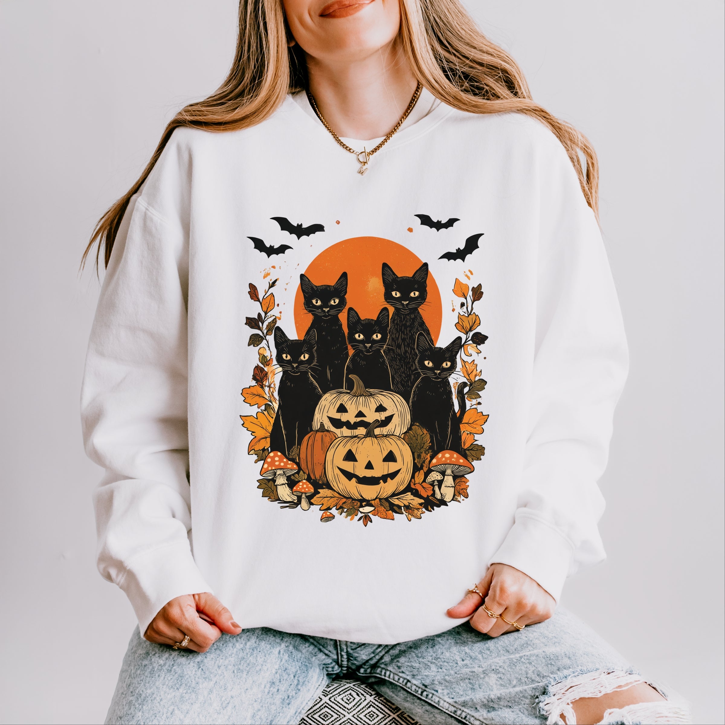 Black Cats Pumpkin Vintage - Womens Lightweight Garment Dyed Sweatshirt