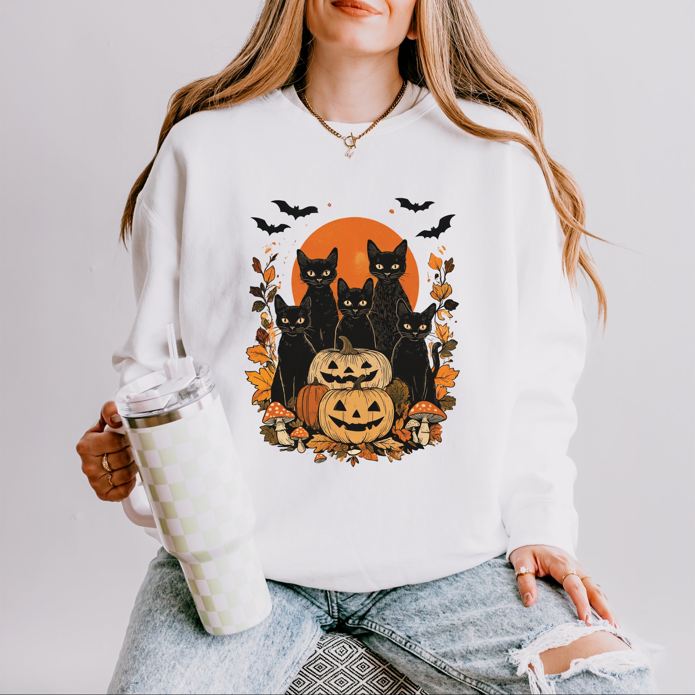 Black Cats Pumpkin Vintage - Womens Lightweight Garment Dyed Sweatshirt