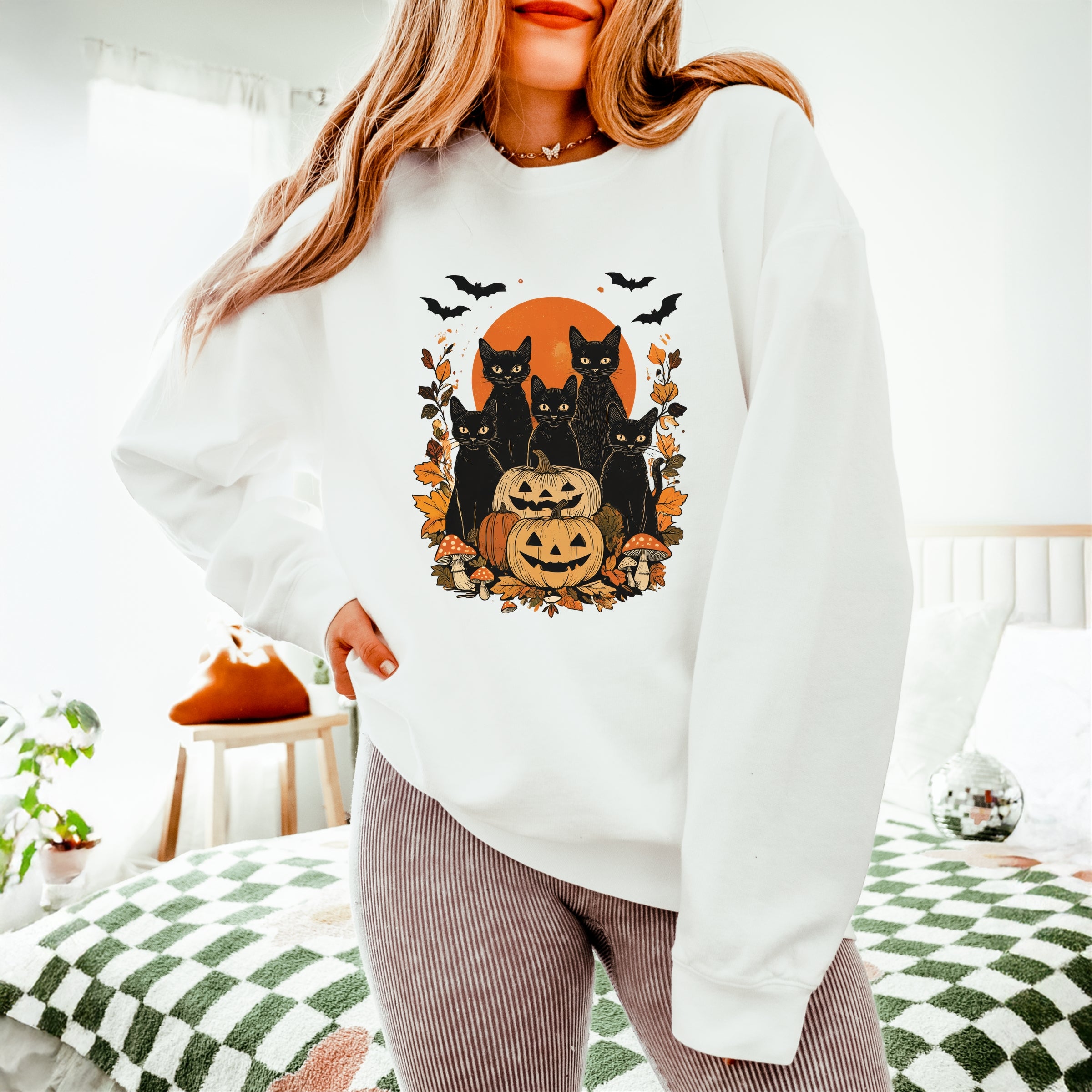 Black Cats Pumpkin Vintage - Womens Lightweight Garment Dyed Sweatshirt