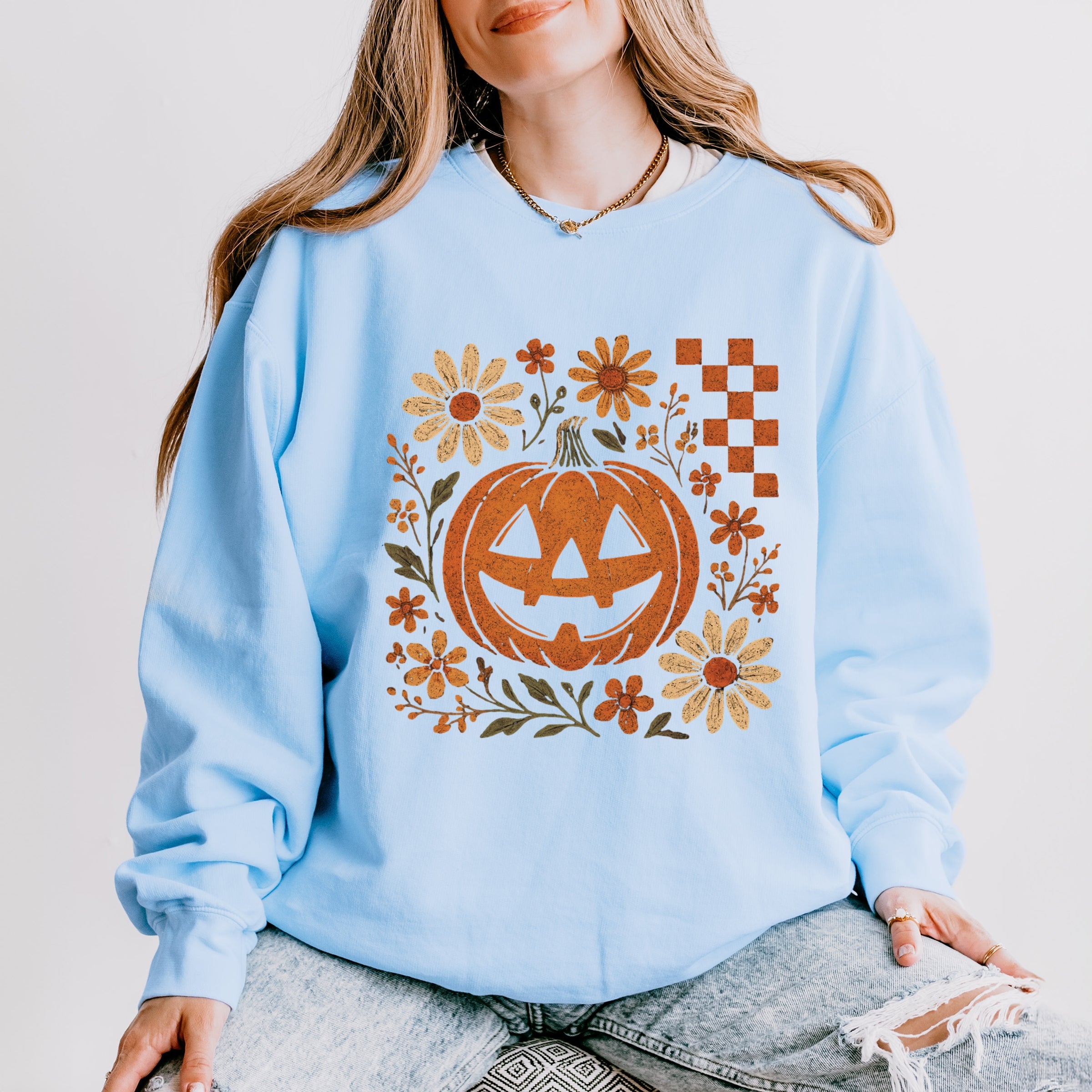 Pumpkin Floral Grunge - Lightweight Garment Dyed Sweatshirt