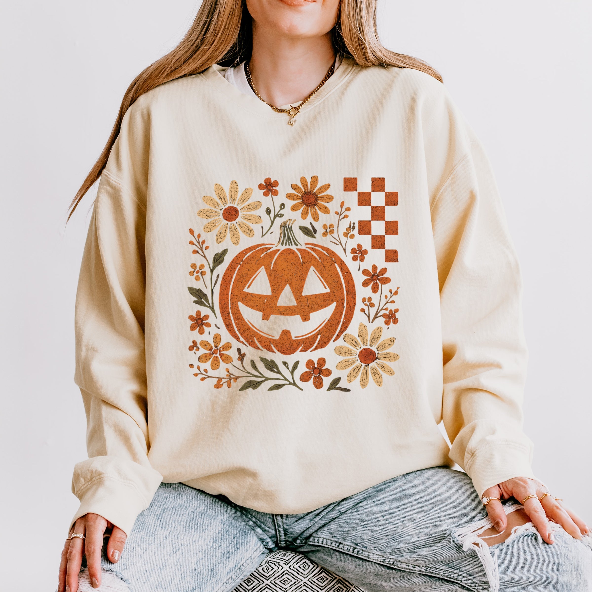 Pumpkin Floral Grunge - Lightweight Garment Dyed Sweatshirt