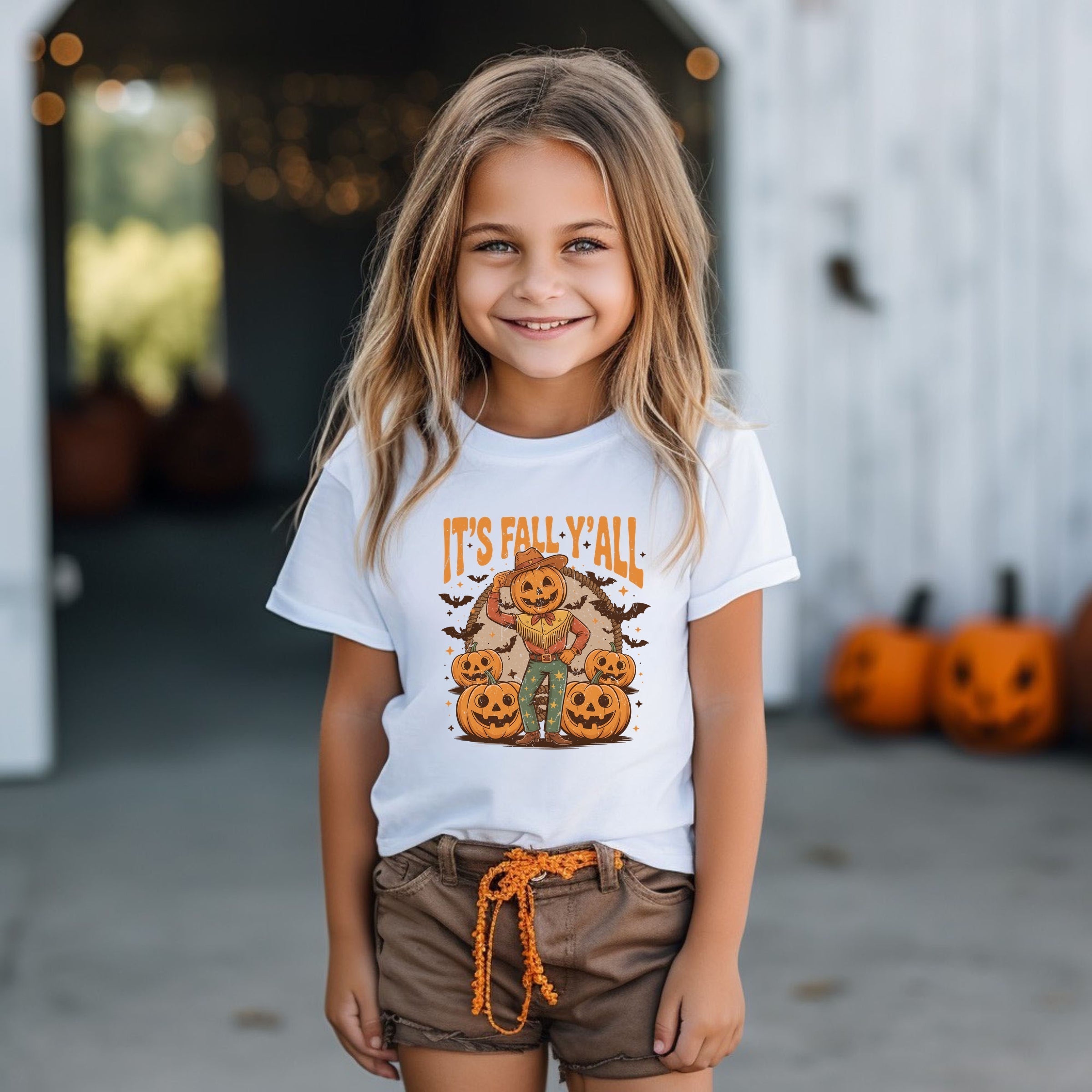 It's Fall Y'all Pumpkin Cowboy - Youth Short Sleeve Graphic T-Shirt and Toddler Short Sleeve Graphic T-Shirt