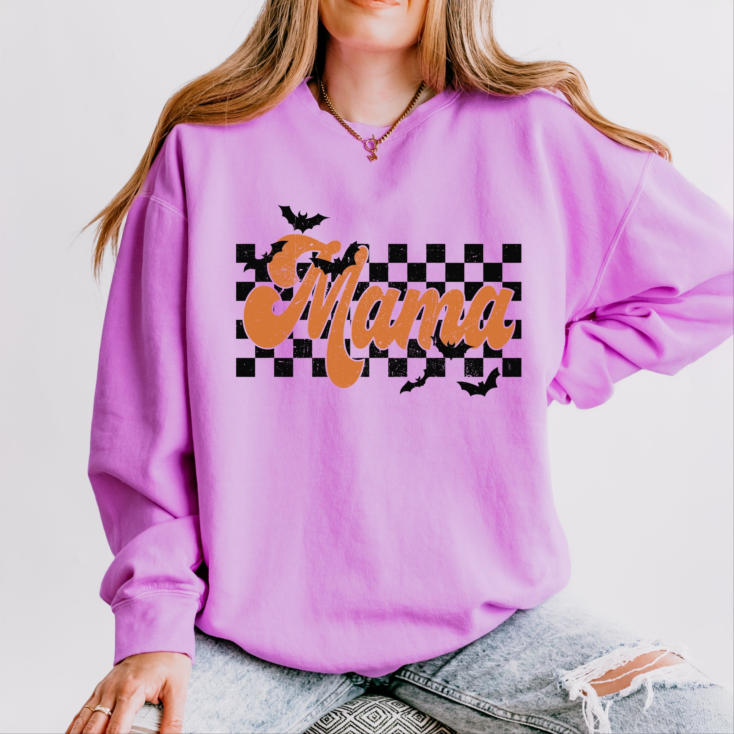 Mama Checkered Bats - Lightweight Garment Dyed Sweatshirt