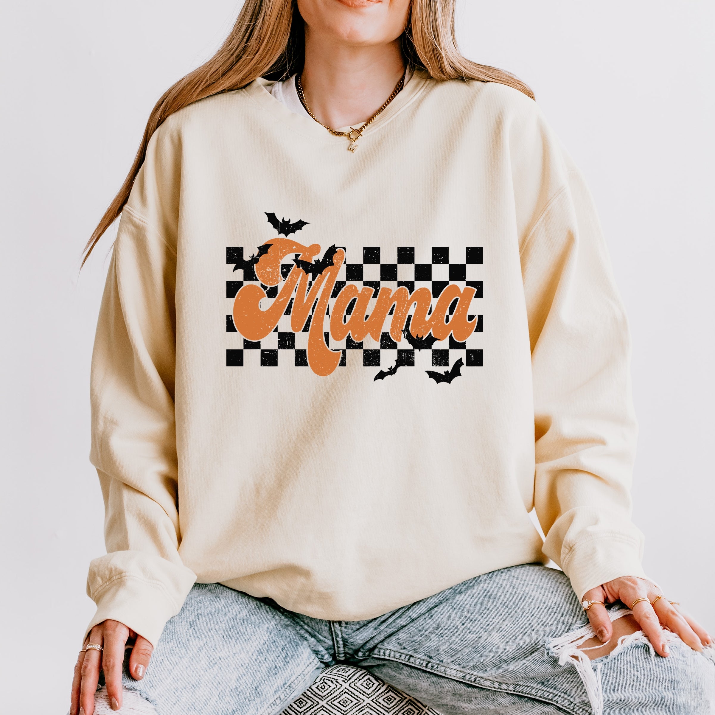 Mama Checkered Bats - Lightweight Garment Dyed Sweatshirt