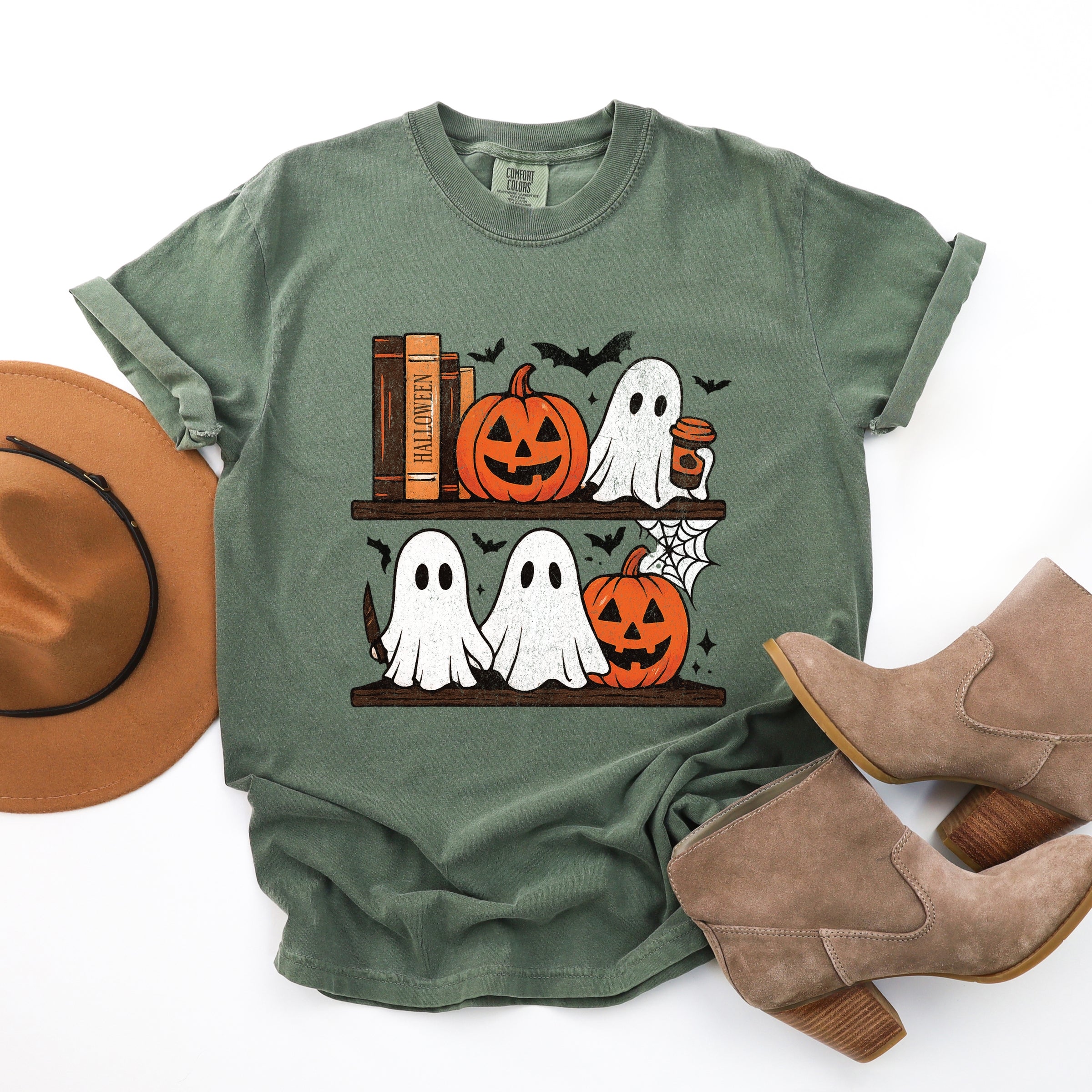 Halloween Bookshelf Ghosts - Garment Dyed Tee