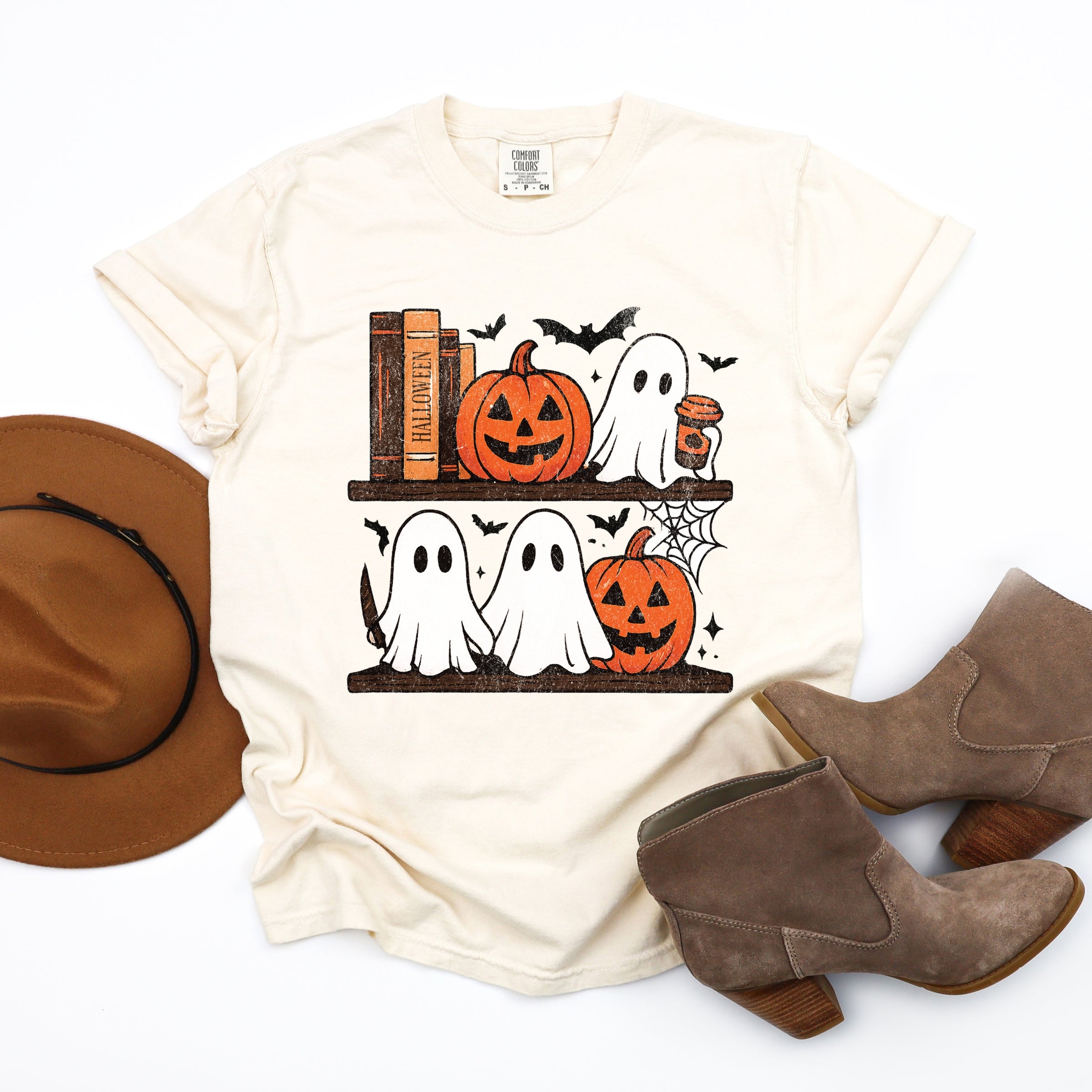 Halloween Bookshelf Ghosts - Garment Dyed Tee