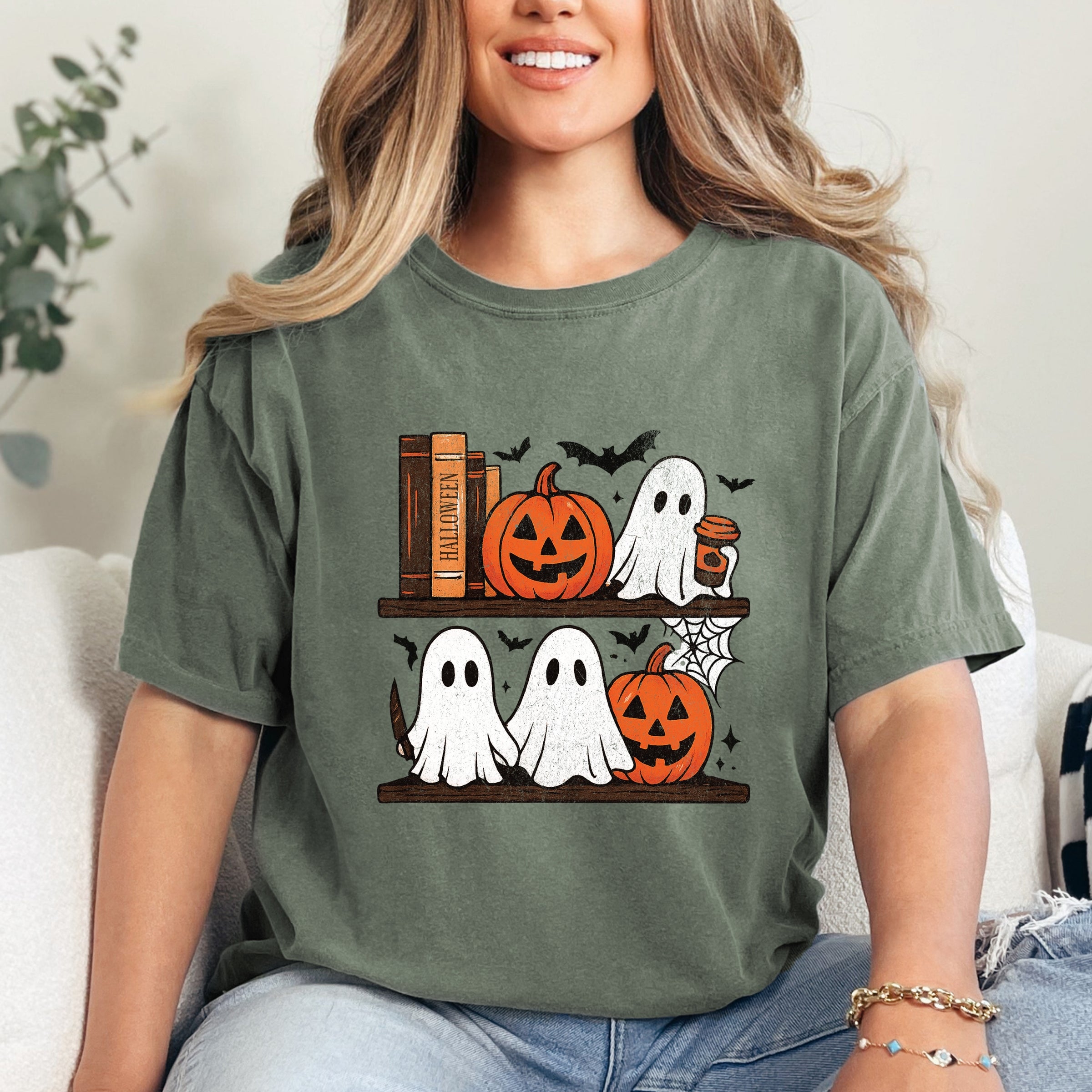 Halloween Bookshelf Ghosts - Garment Dyed Tee