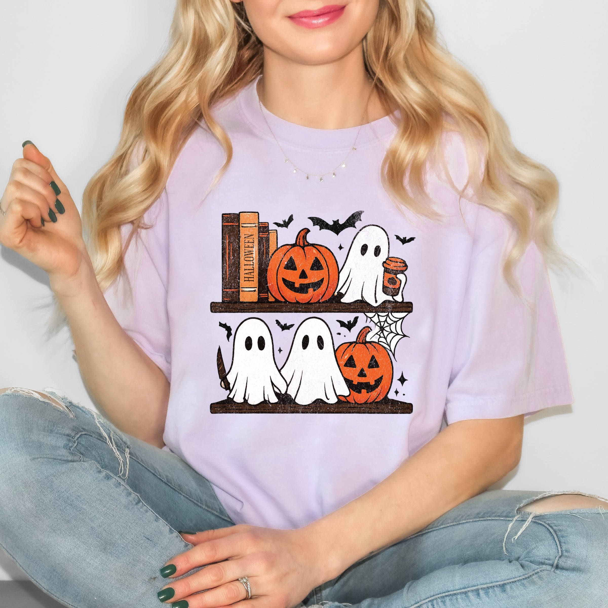 Halloween Bookshelf Ghosts - Garment Dyed Tee