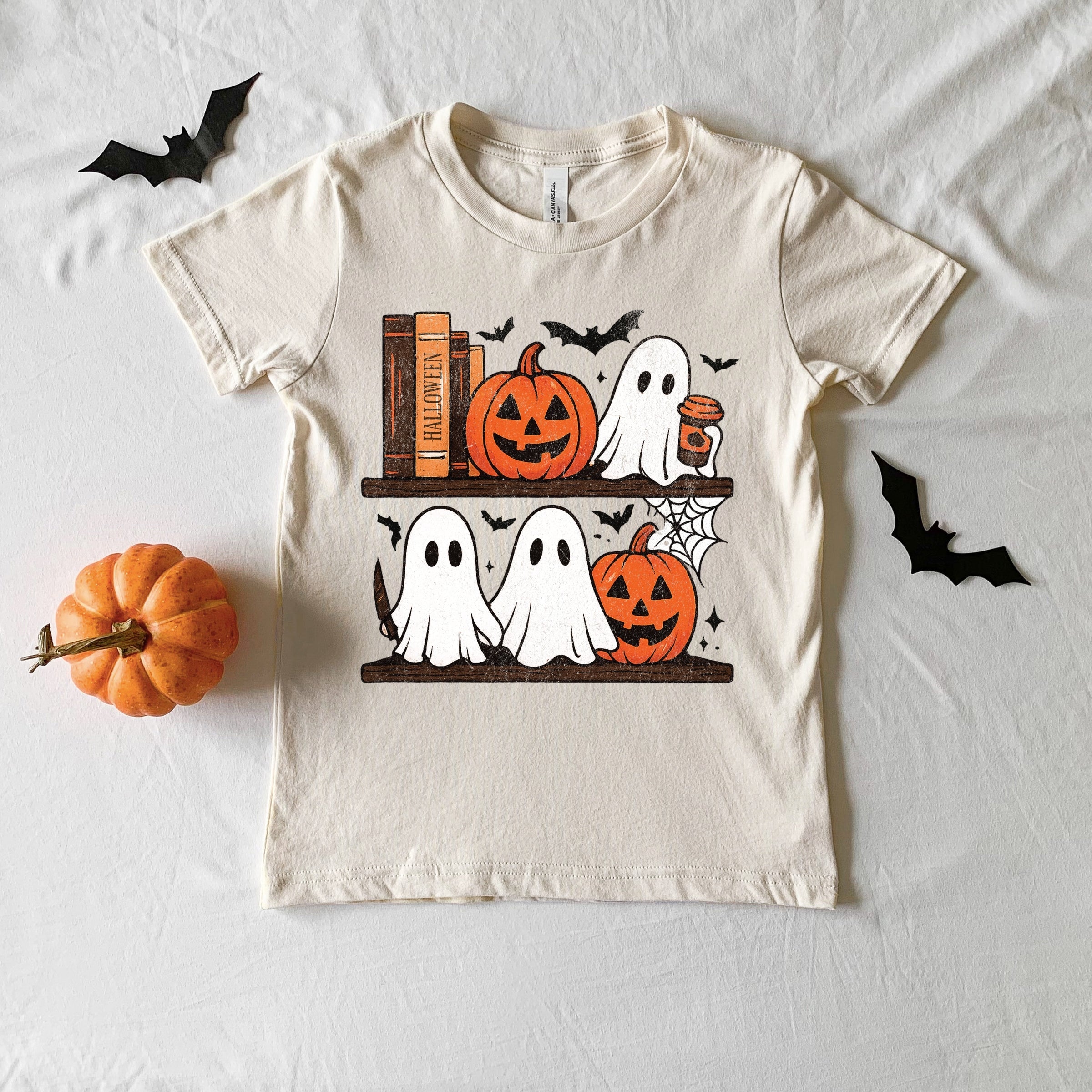Halloween Bookshelf Ghosts - Youth Short Sleeve Graphic T-Shirt and Toddler Short Sleeve Graphic T-Shirt