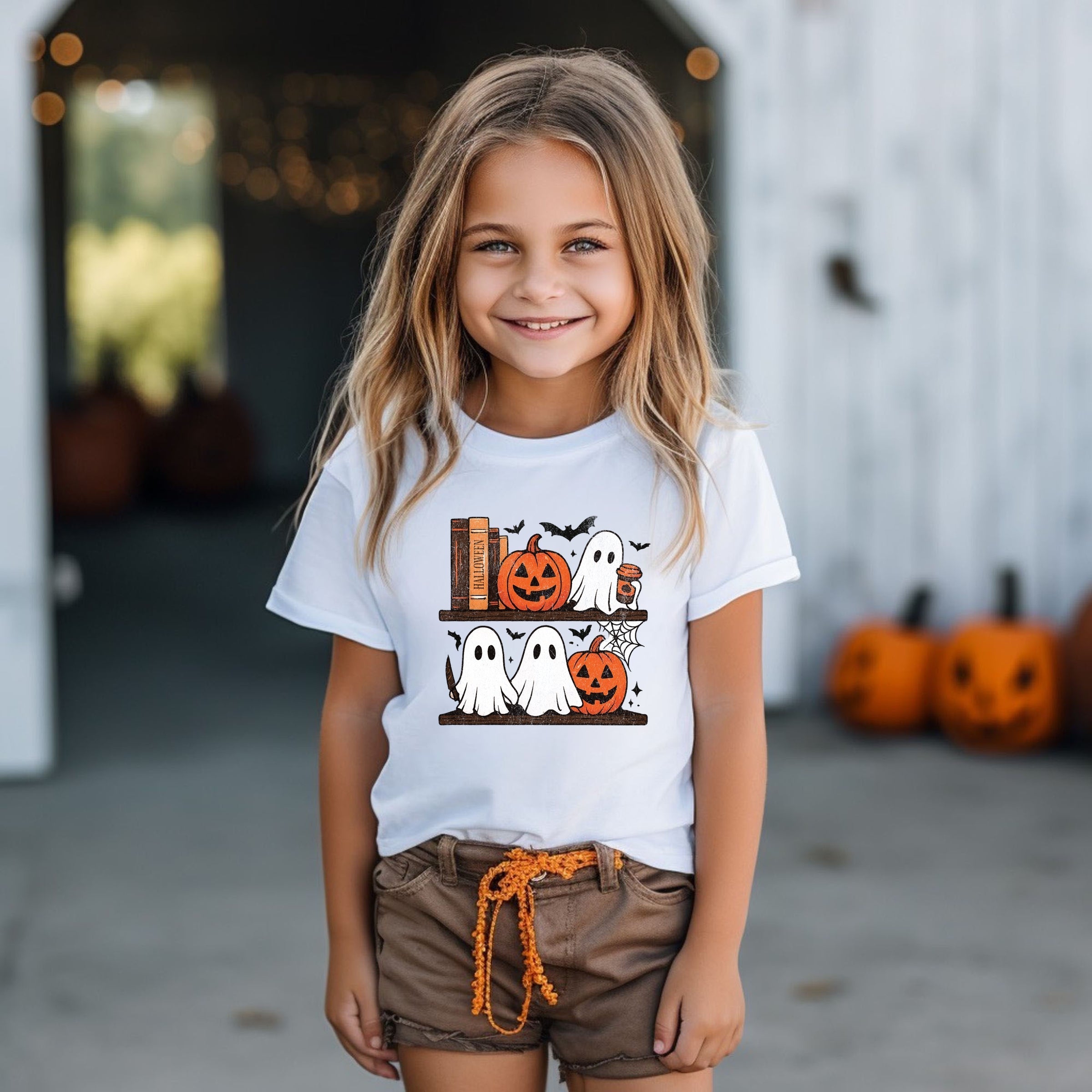 Halloween Bookshelf Ghosts - Youth Short Sleeve Graphic T-Shirt and Toddler Short Sleeve Graphic T-Shirt