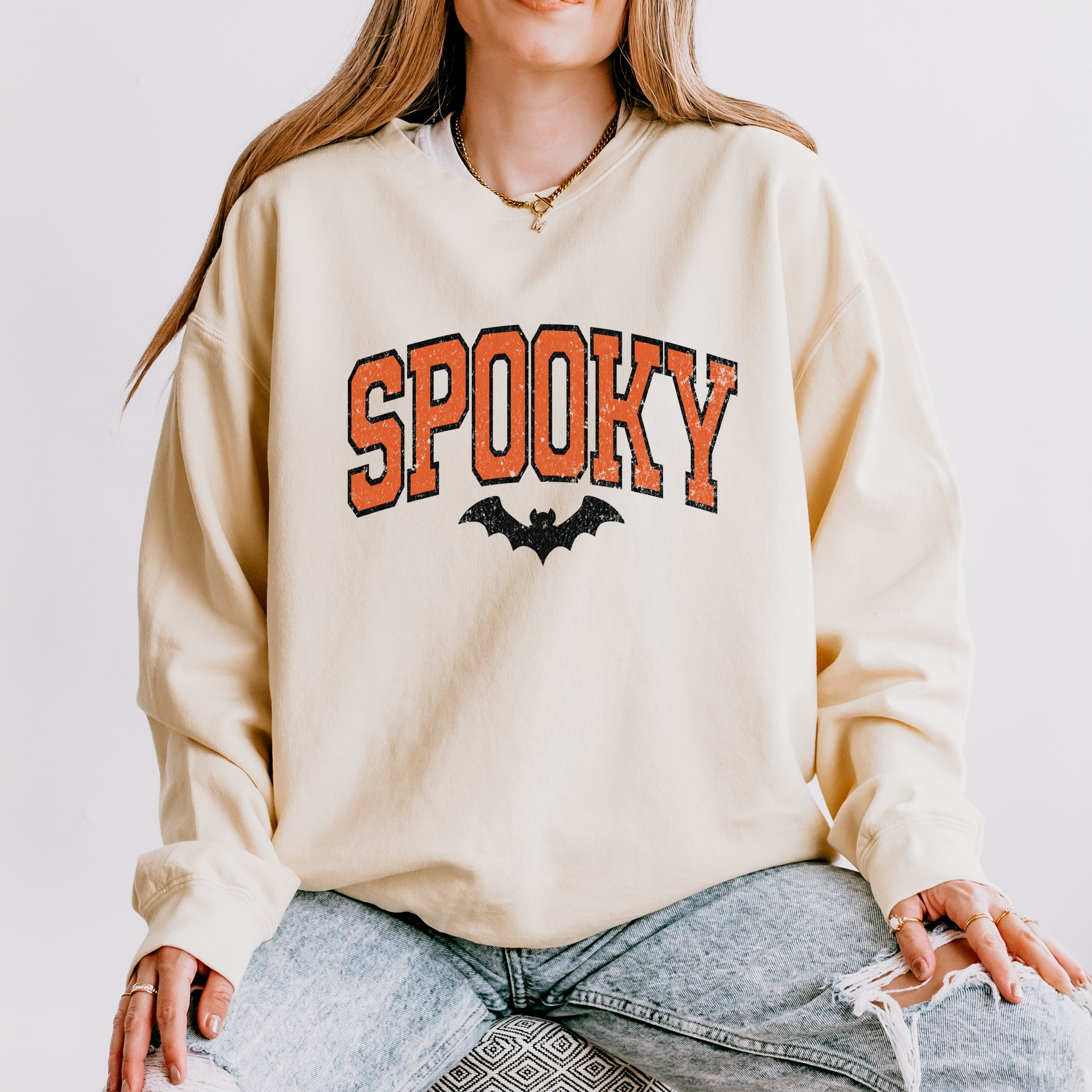 Varsity Spooky Bat Distressed - Lightweight Garment Dyed Sweatshirt