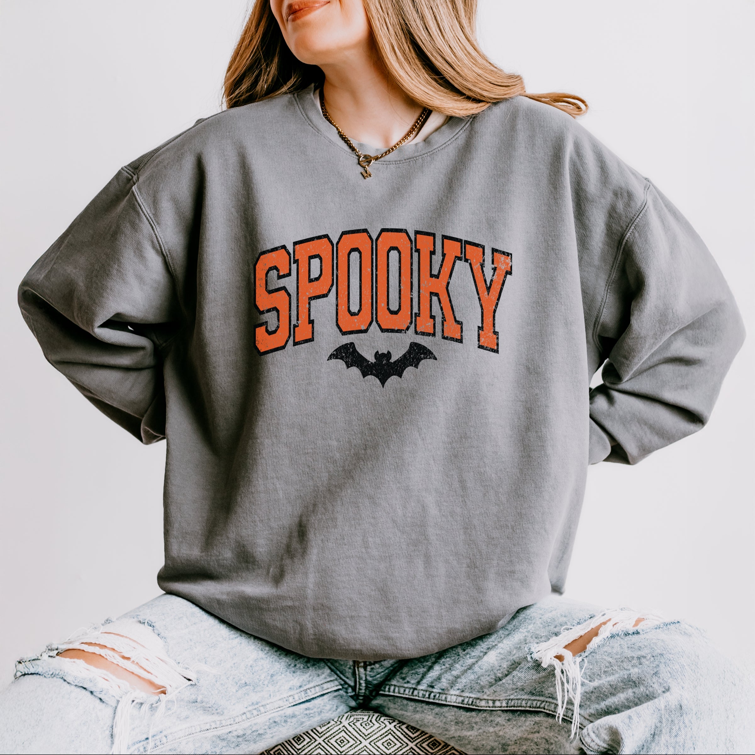 Varsity Spooky Bat Distressed - Lightweight Garment Dyed Sweatshirt