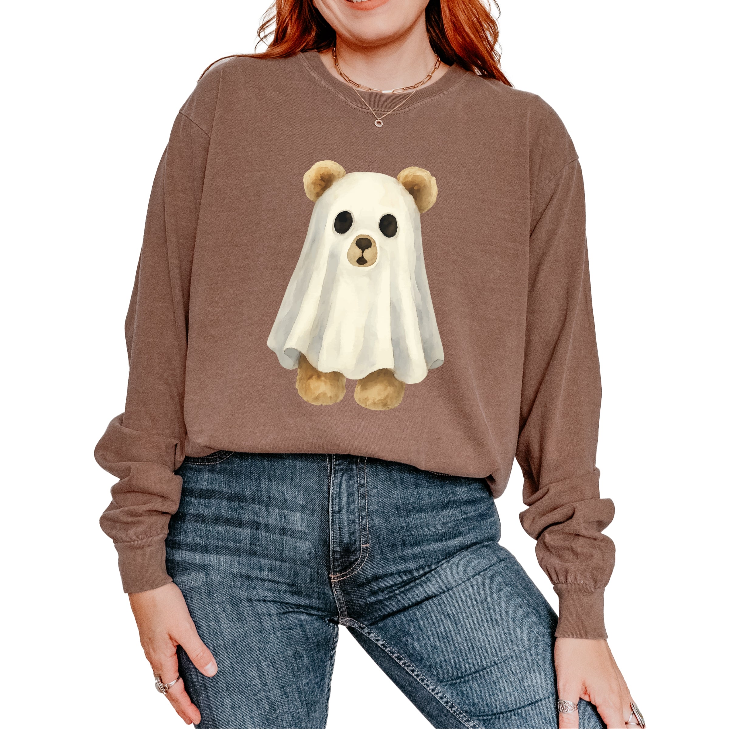 Watercolor Ghost Bear - Womens Garment Dyed Long Sleeve
