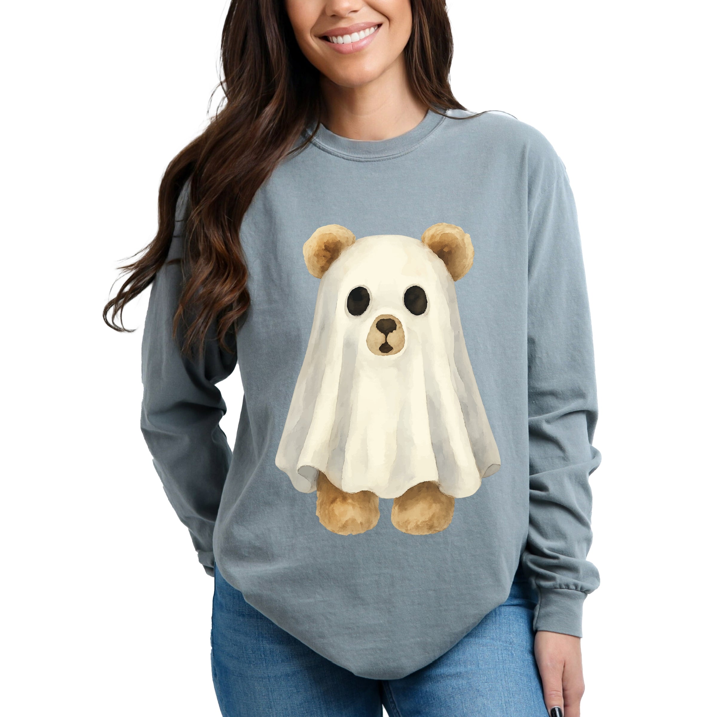 Watercolor Ghost Bear - Womens Garment Dyed Long Sleeve