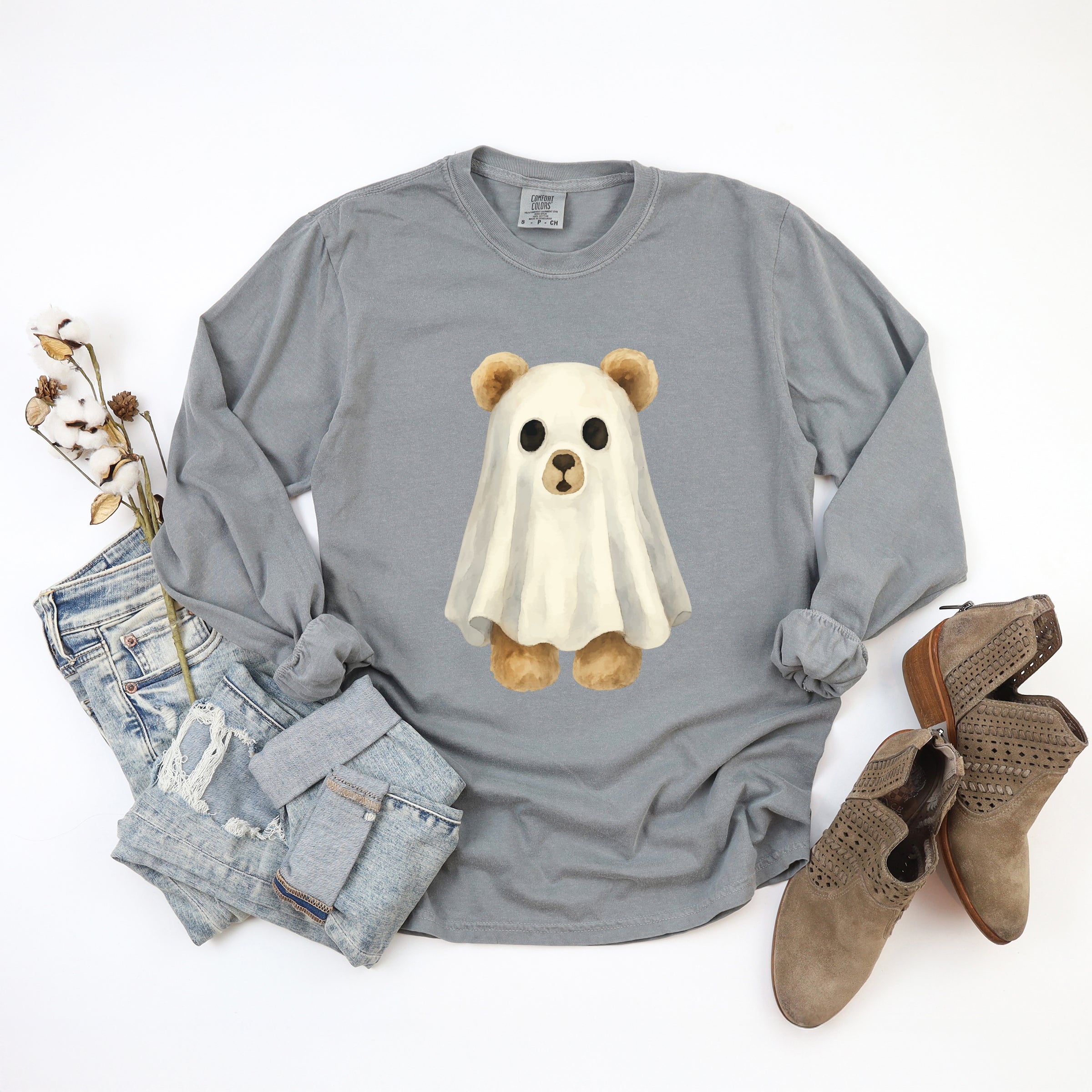 Watercolor Ghost Bear - Womens Garment Dyed Long Sleeve