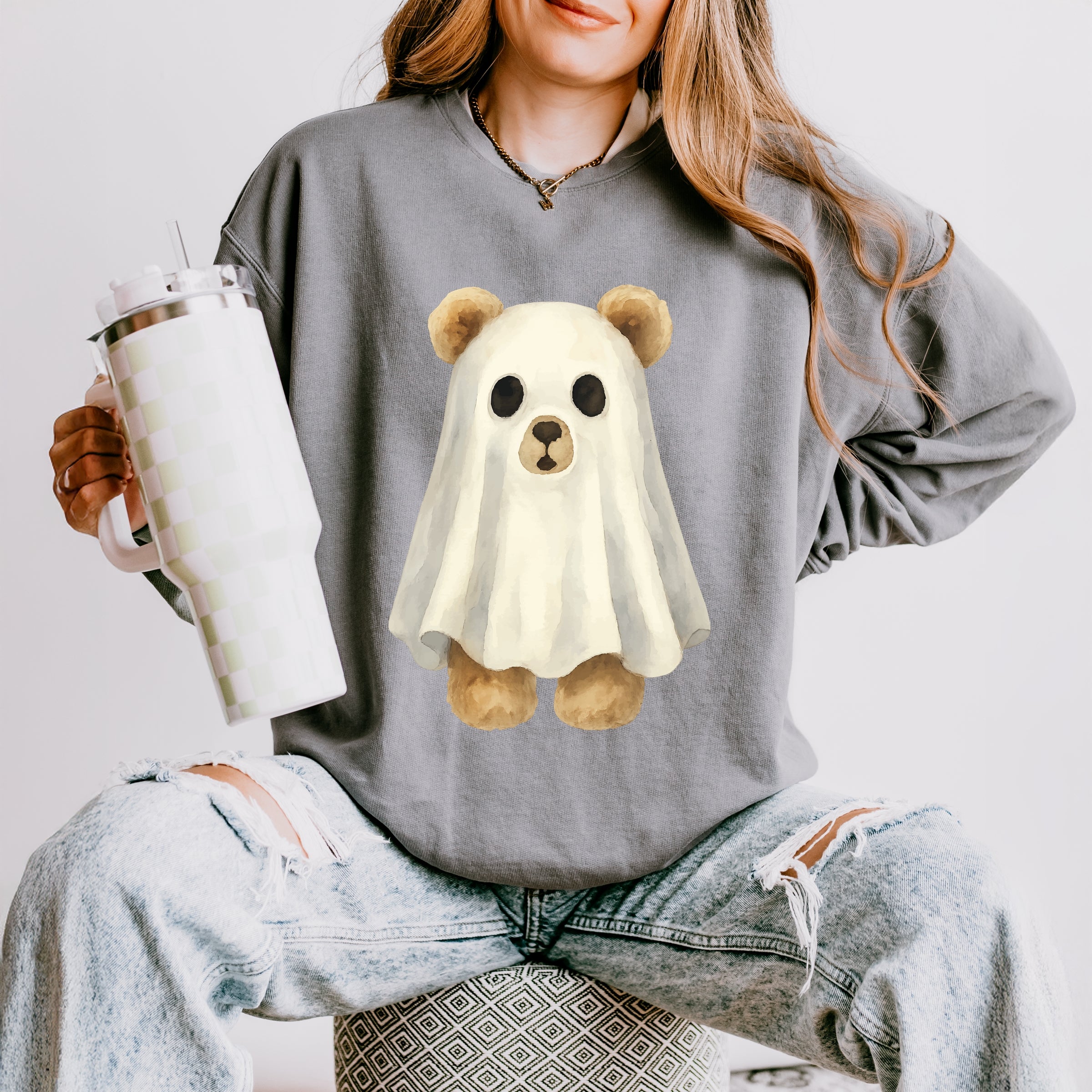 Watercolor Ghost Bear - Womens Lightweight Garment Dyed Sweatshirt