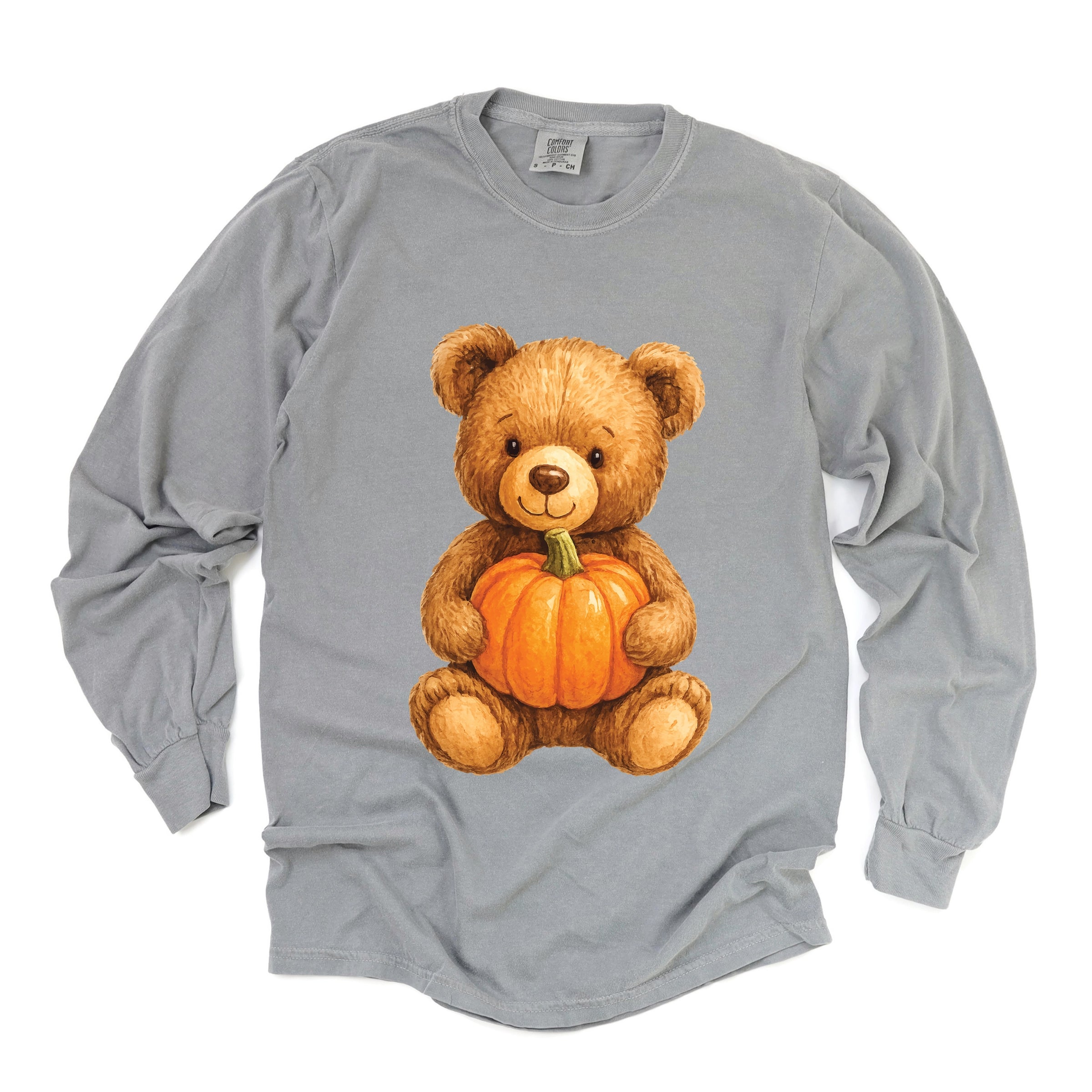 Watercolor Pumpkin Bear - Womens Garment Dyed Long Sleeve